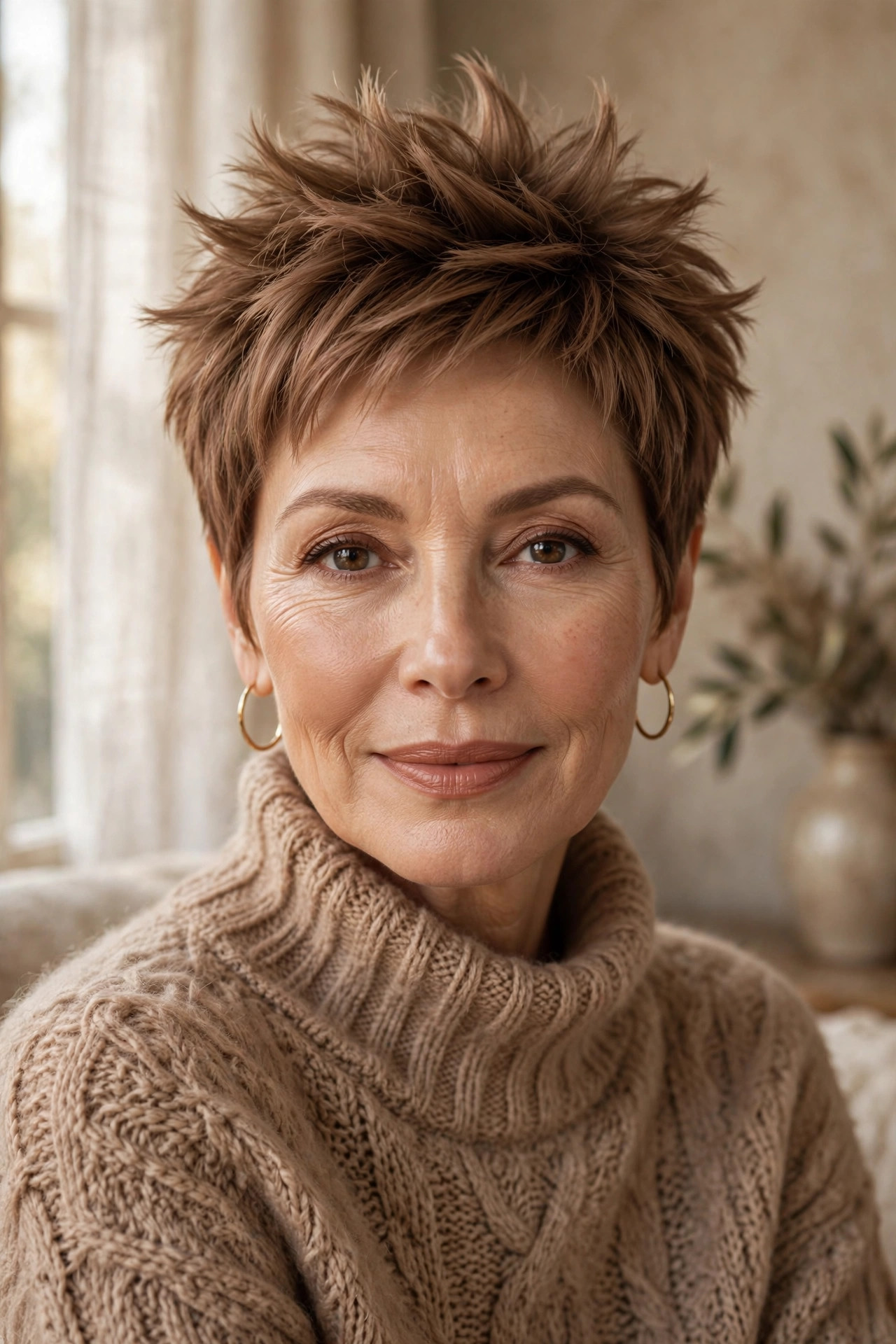 Woman in her 50s with a mocha feathered spiky crop