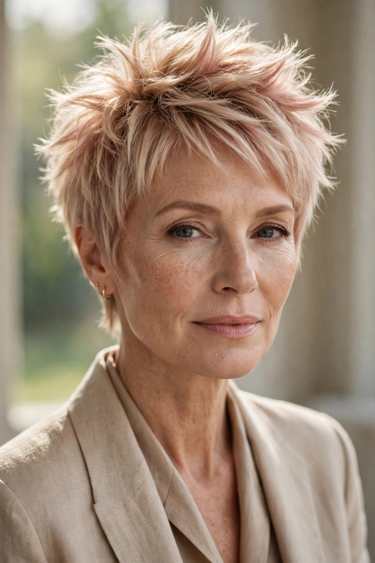 Woman in her 50s with a rose beige spiky pixie
