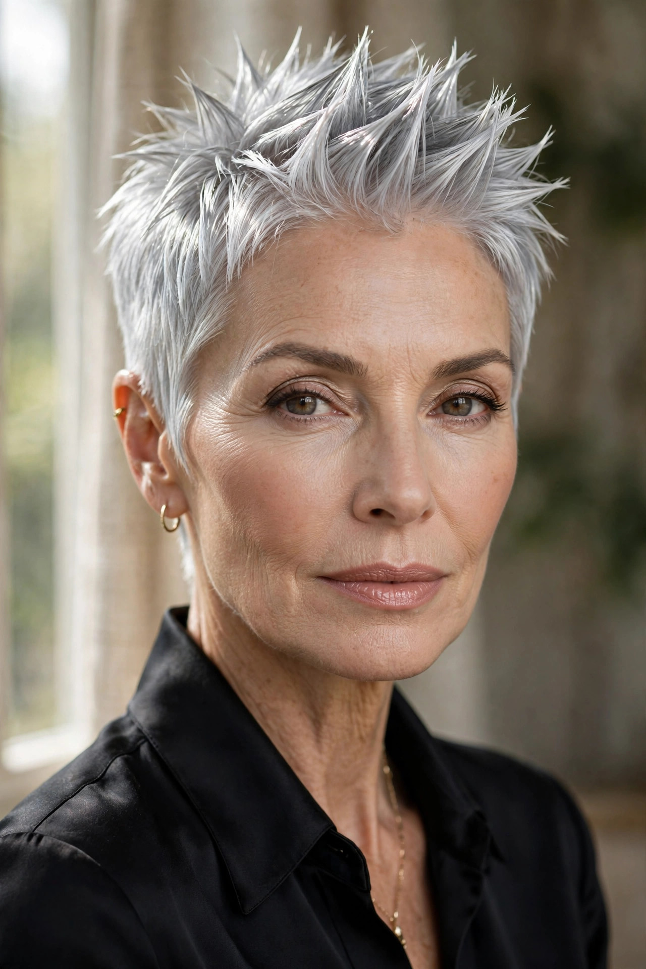 Woman in her 50s with a steel silver polished spiky pixie