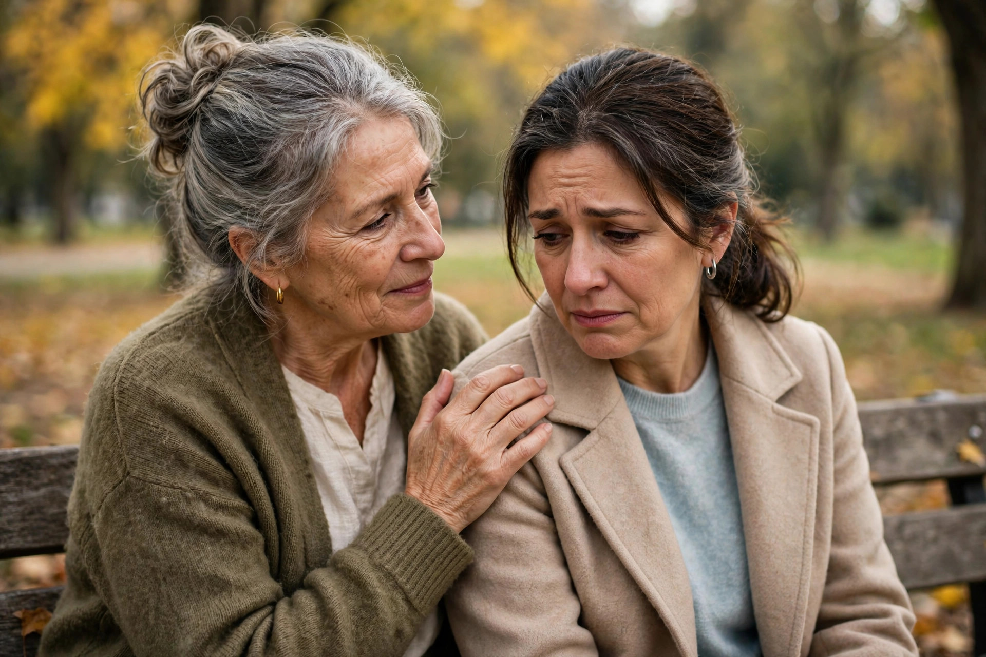 Woman in her 60s comforting her sad friend on a park bench