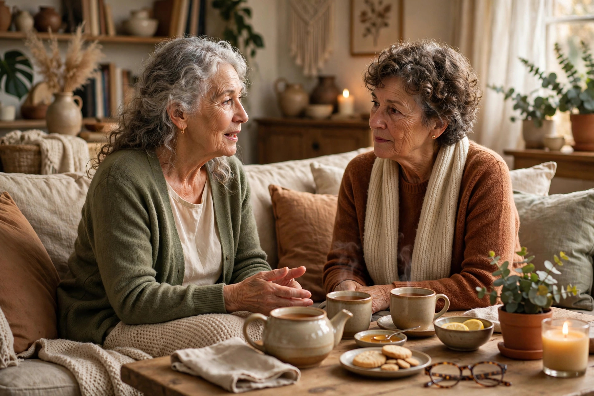 Two women in their 60s in deep conversation over tea in a cozy living room