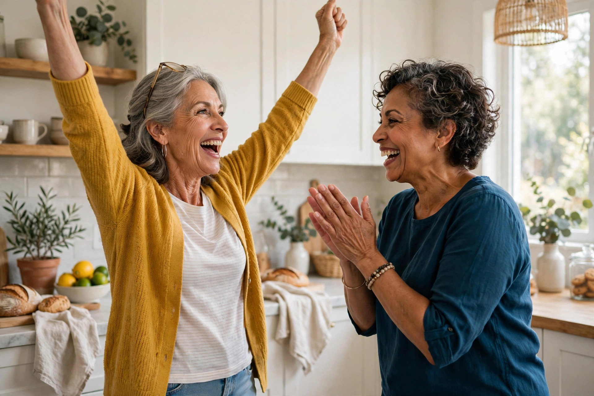 Two women in their 60s celebrating joyful news in a bright kitchen