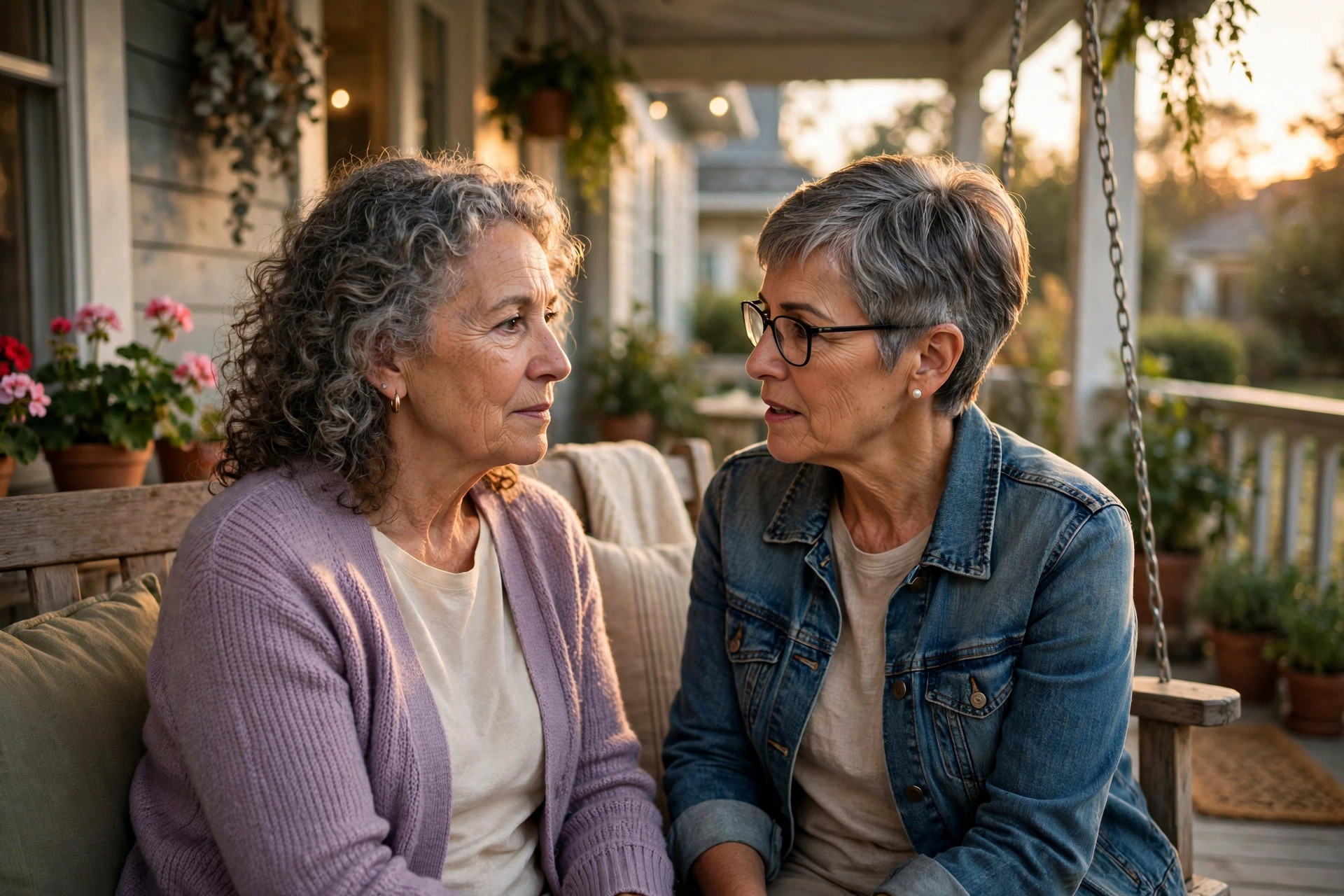 Two women in their 60s having an honest heartfelt talk on a porch swing