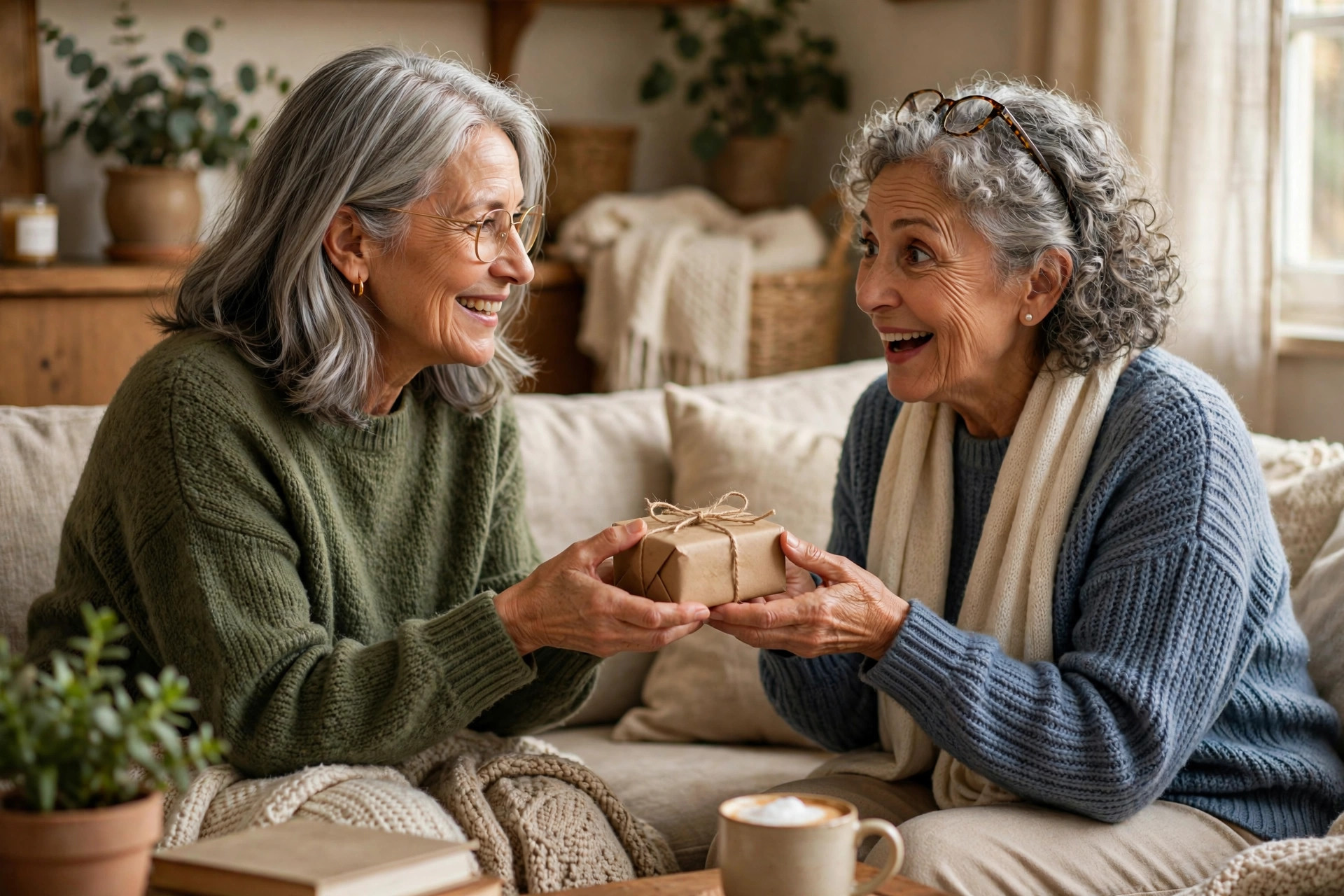 Woman in her 60s handing her friend a small wrapped gift with a card