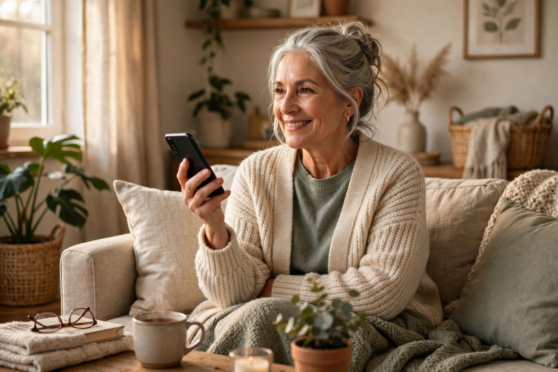 Woman in her 60s relaxing peacefully at home with gentle boundaries