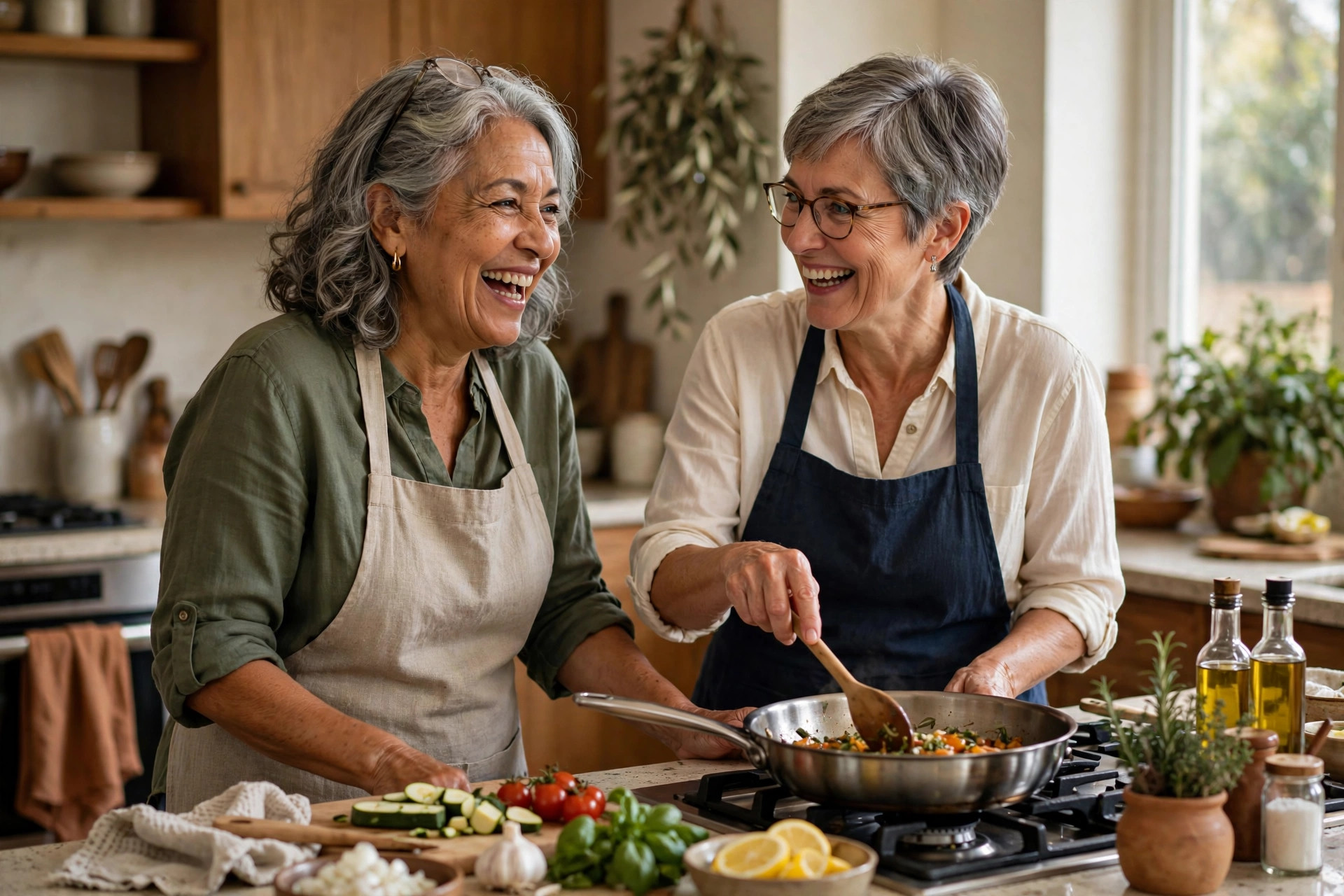 Two women in their 60s cooking together happily in a kitchen