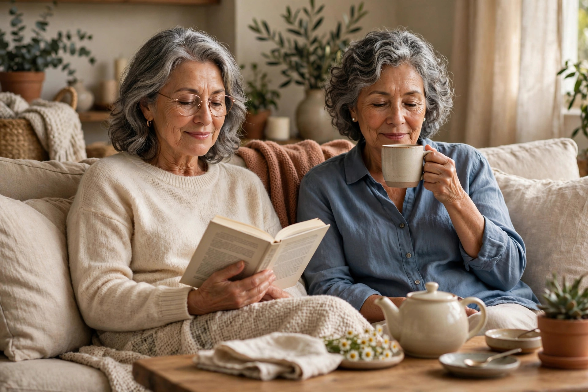Two women in their 60s relaxing on a sofa in comfortable silence