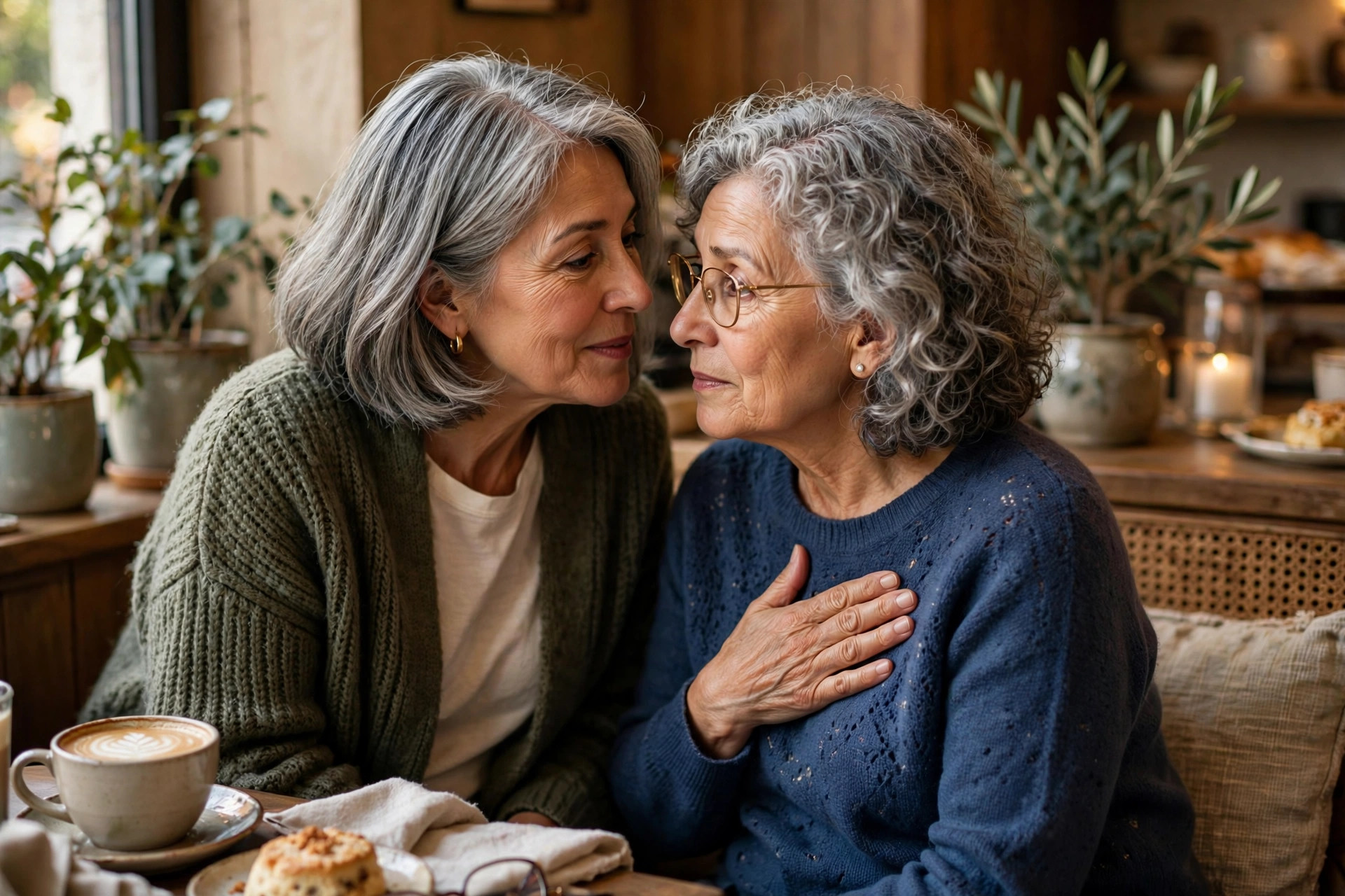 Woman in her 60s sharing a secret with her trusted friend at a cafe