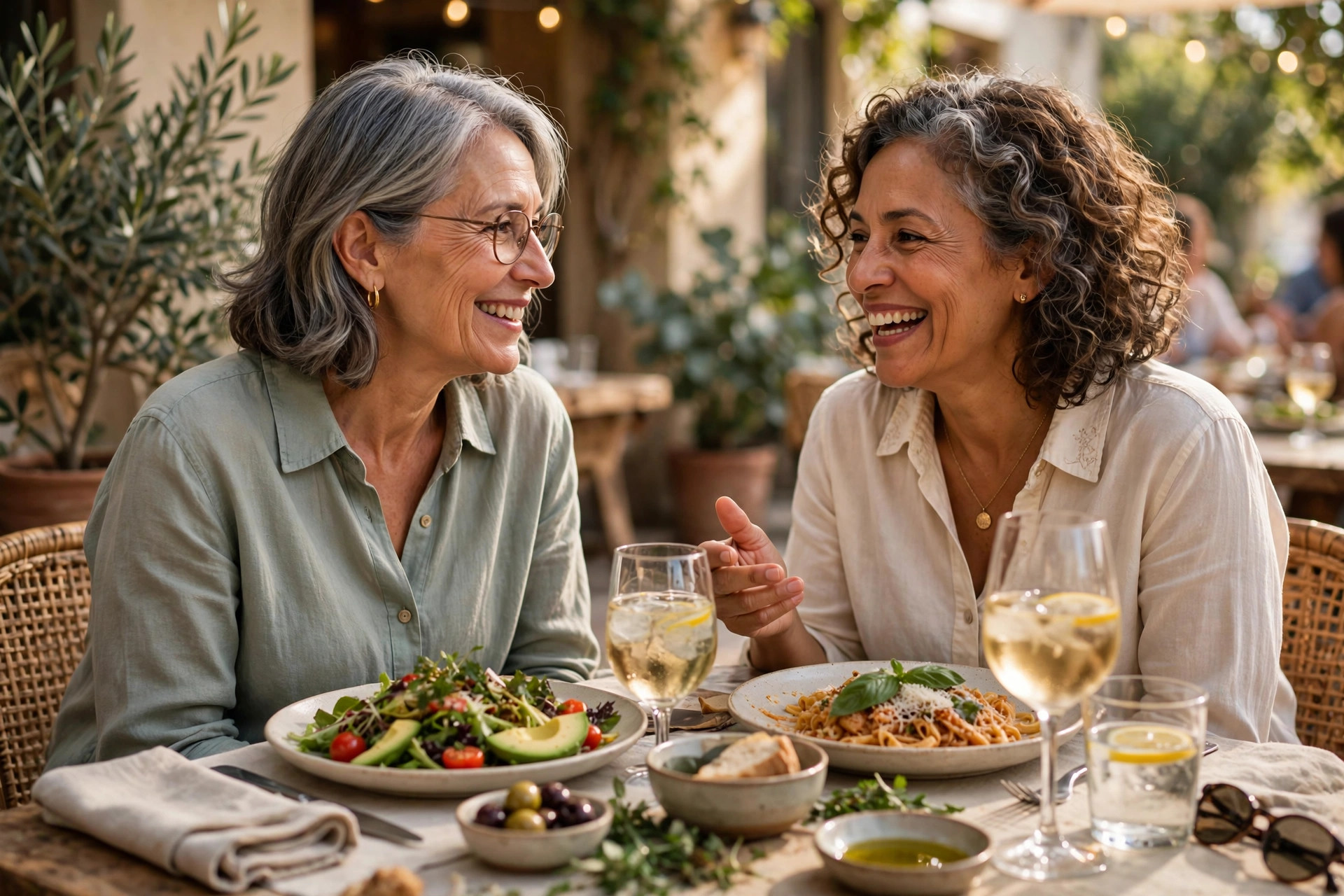Two friends in their 60s enjoying a long unhurried lunch at a sunny restaurant