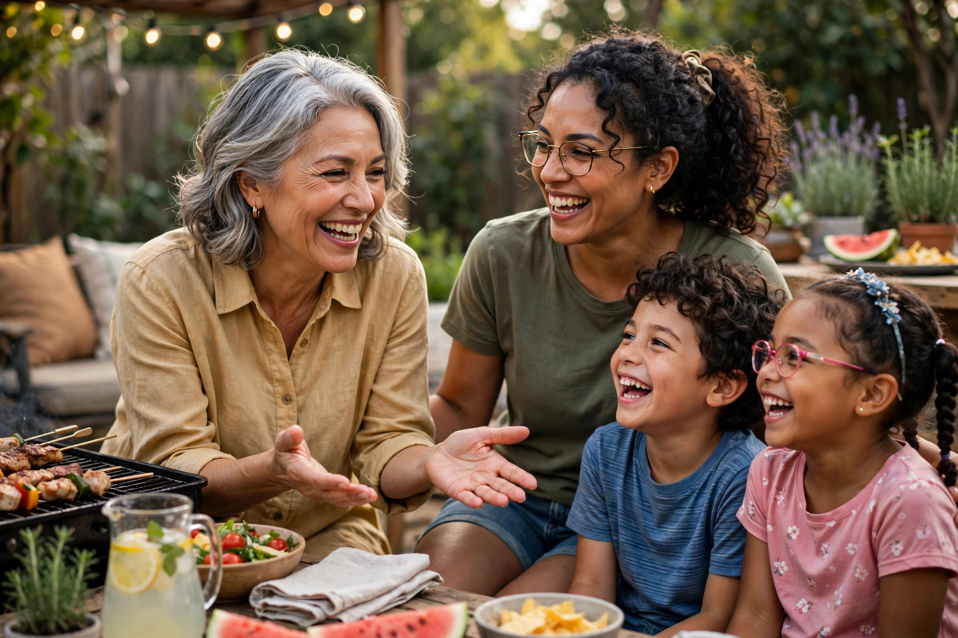 Woman in her 60s warmly welcoming her friend's grandchildren at a barbecue