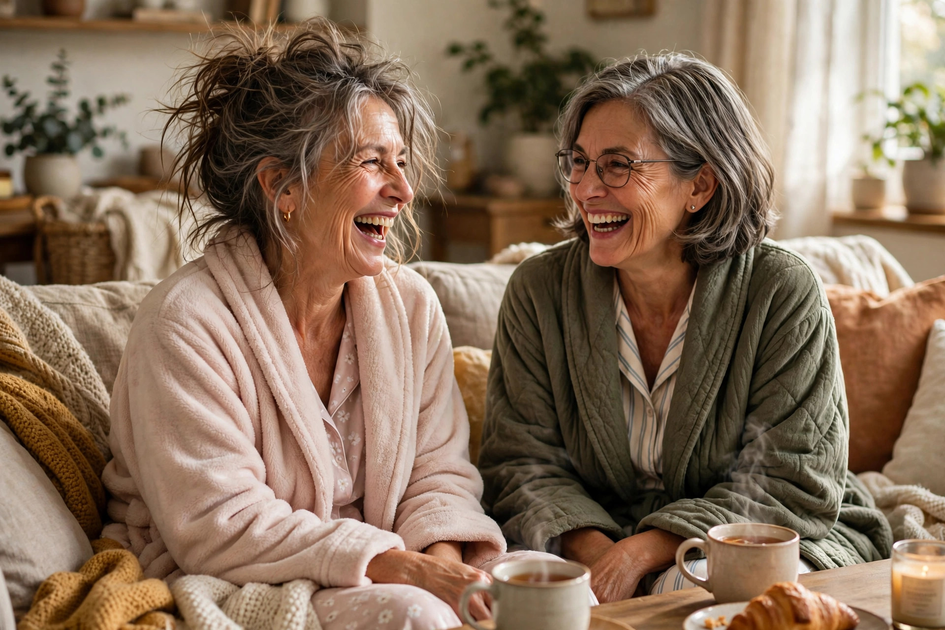 Two women in their 60s in cozy robes laughing on a sofa