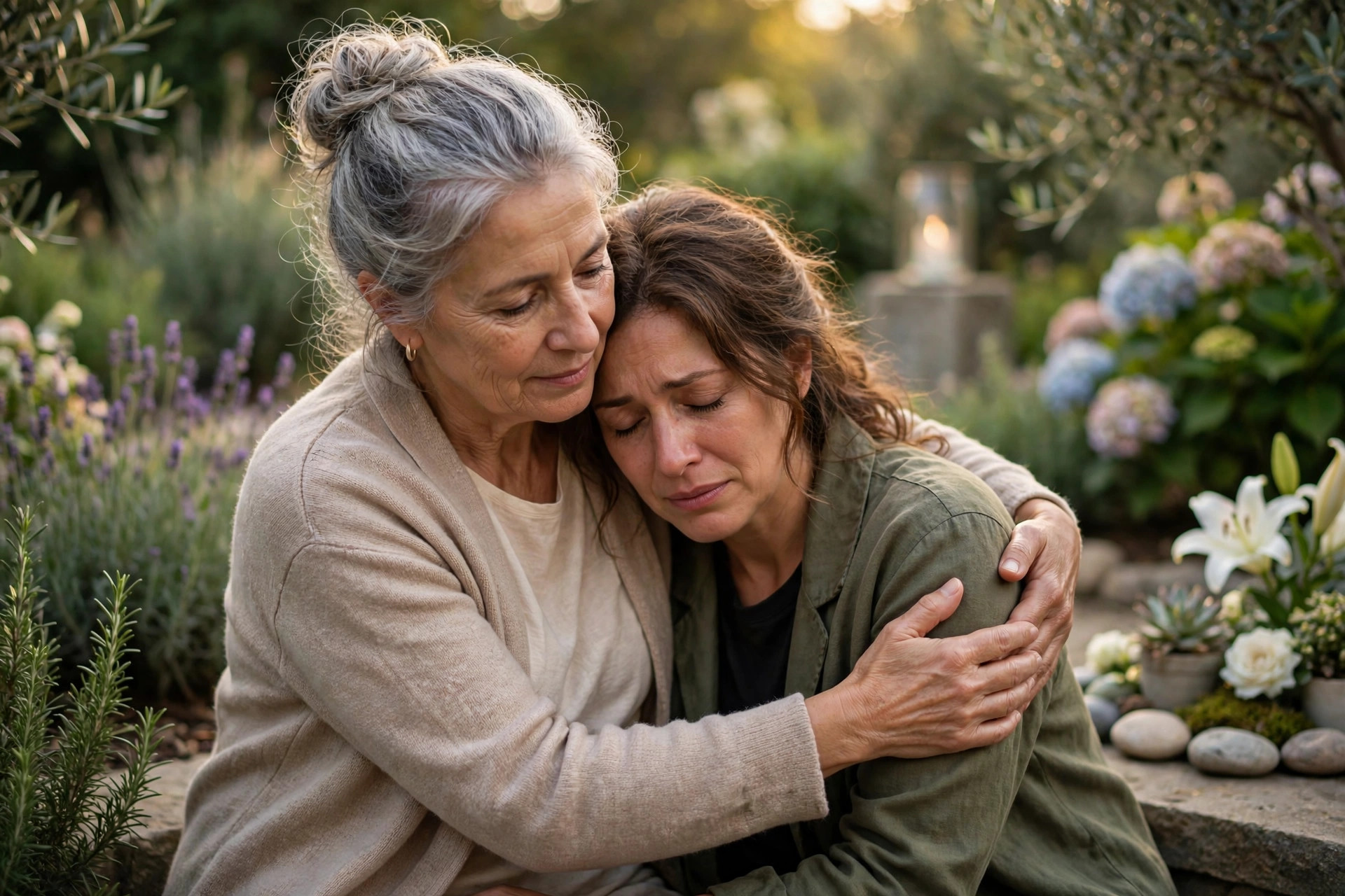 Woman in her 60s gently supporting her grieving friend in a garden