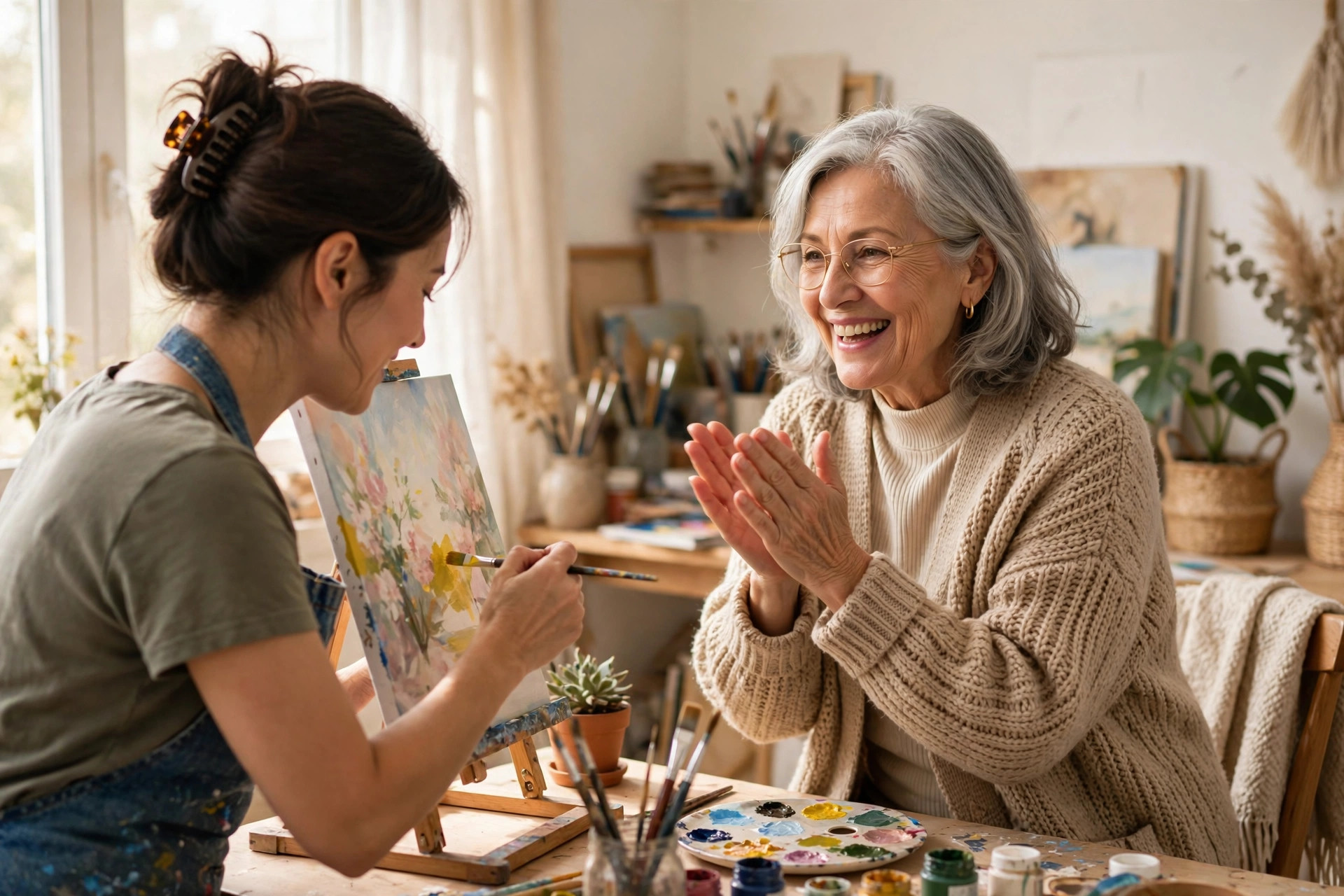 Woman in her 60s cheering her friend's new painting hobby in an art studio