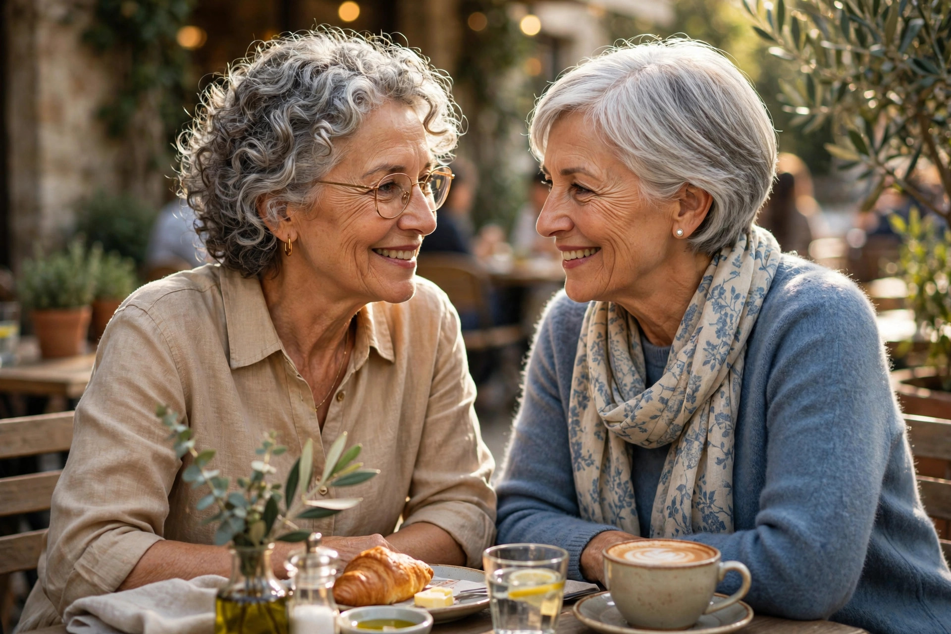 Two women in their 60s chatting kindly and trustworthily at a cafe
