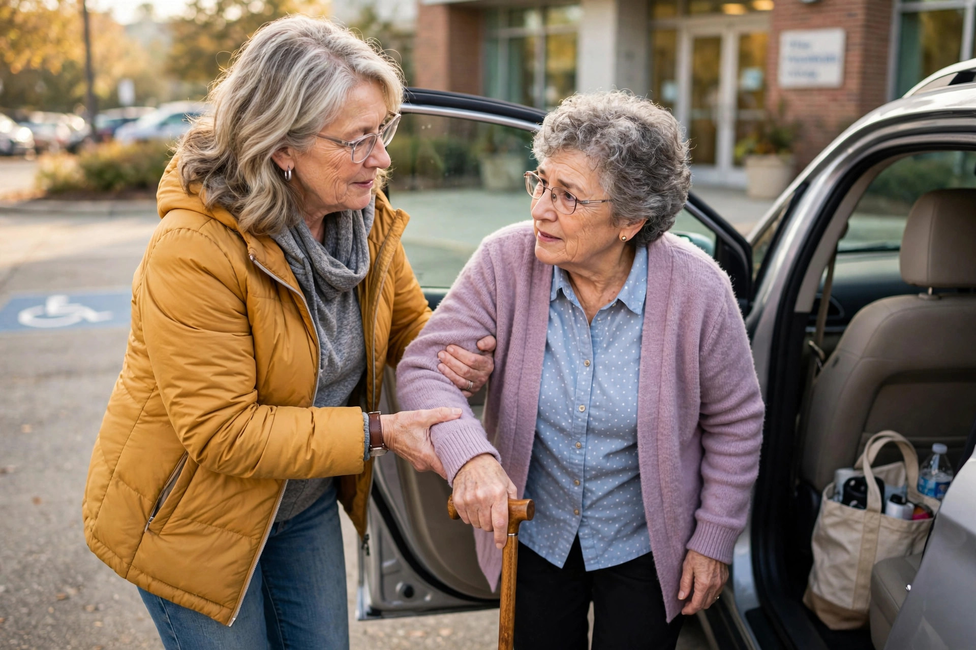 Woman in her 60s driving her friend to a doctor appointment with care