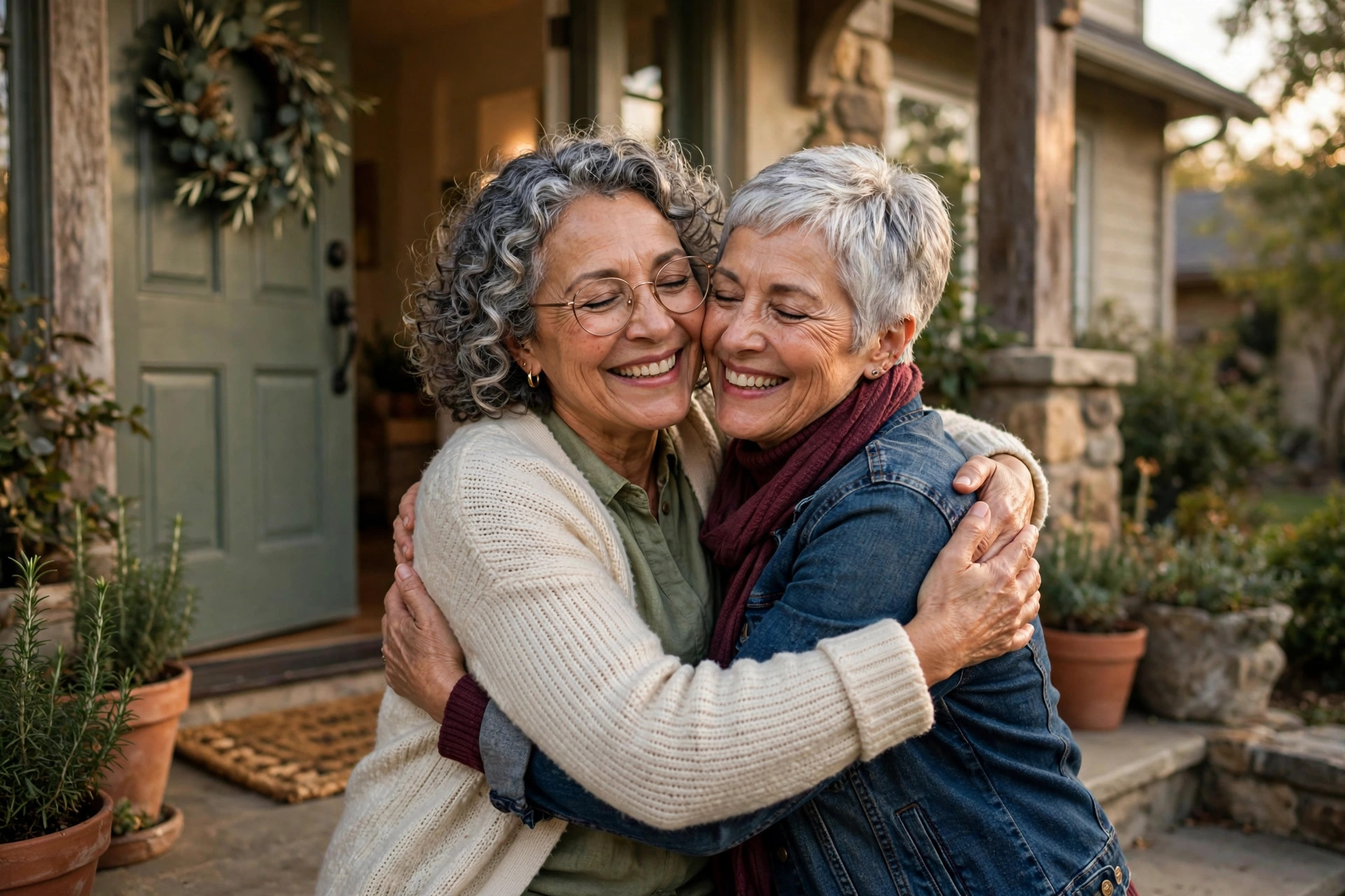 Two women in their 60s reuniting with a joyful hug on a doorstep