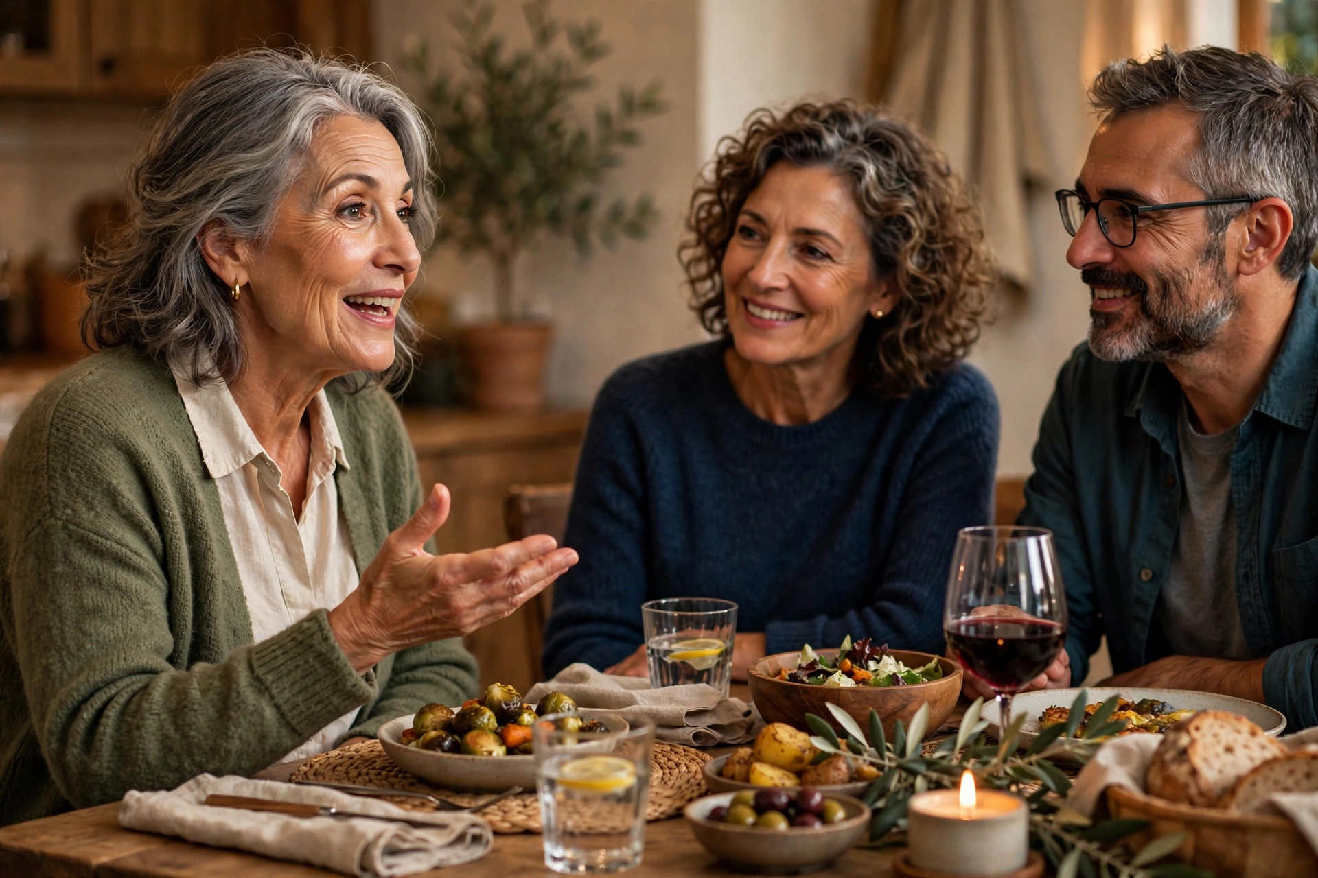Woman in her 60s speaking warmly about her friend at a dinner table