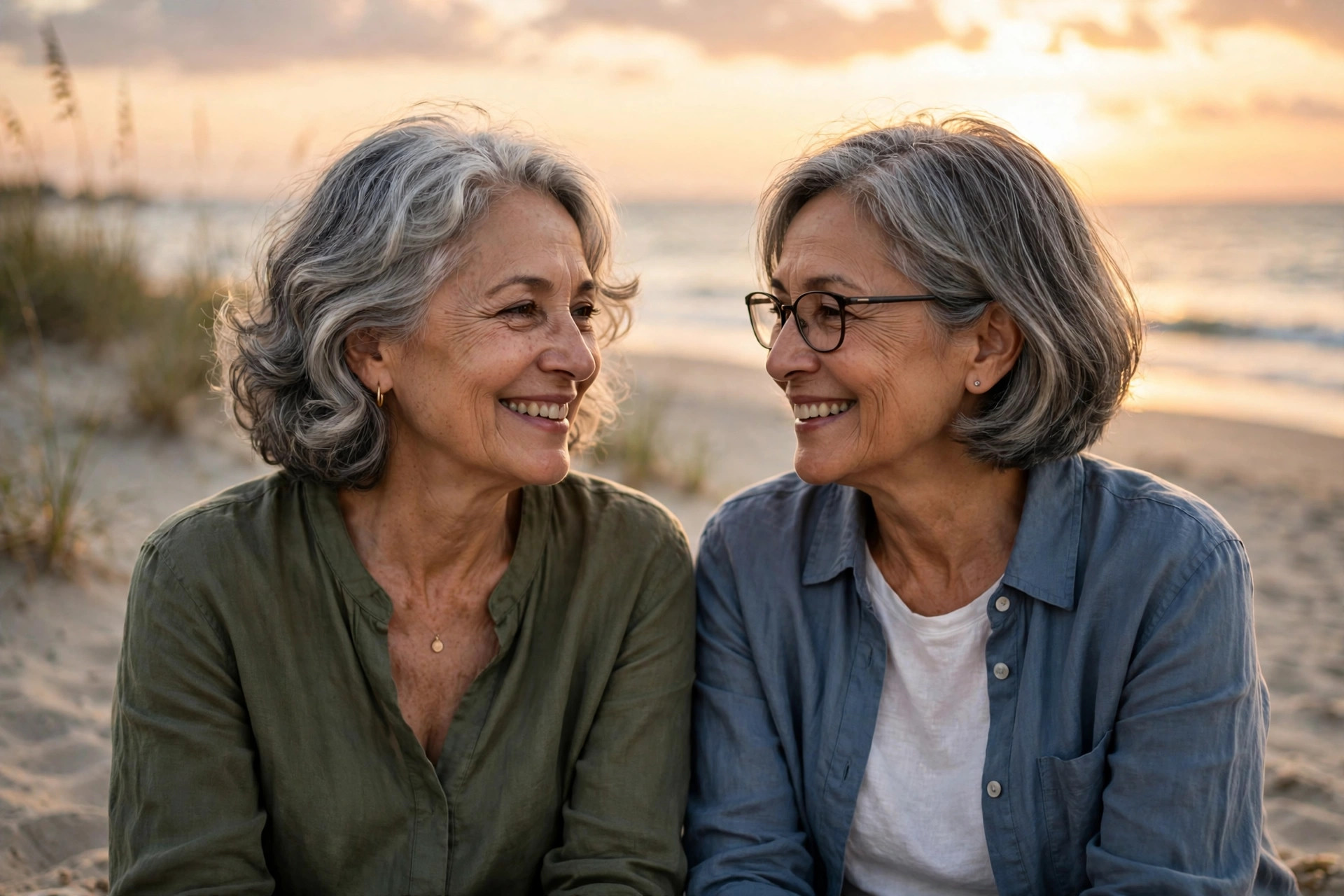 Two women in their 60s at peace together on a beach at sunset