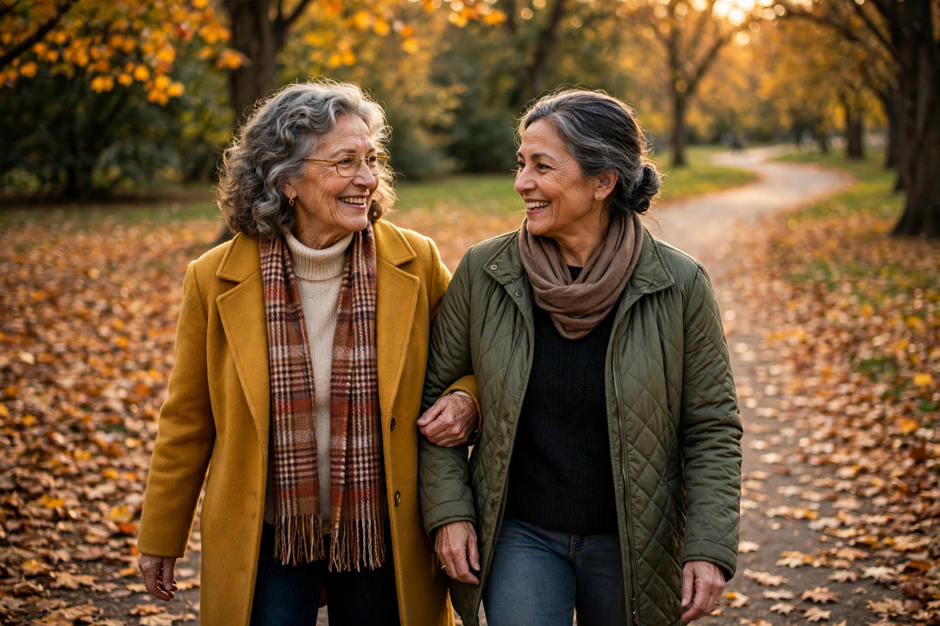 Two women in their 60s walking arm in arm through autumn leaves