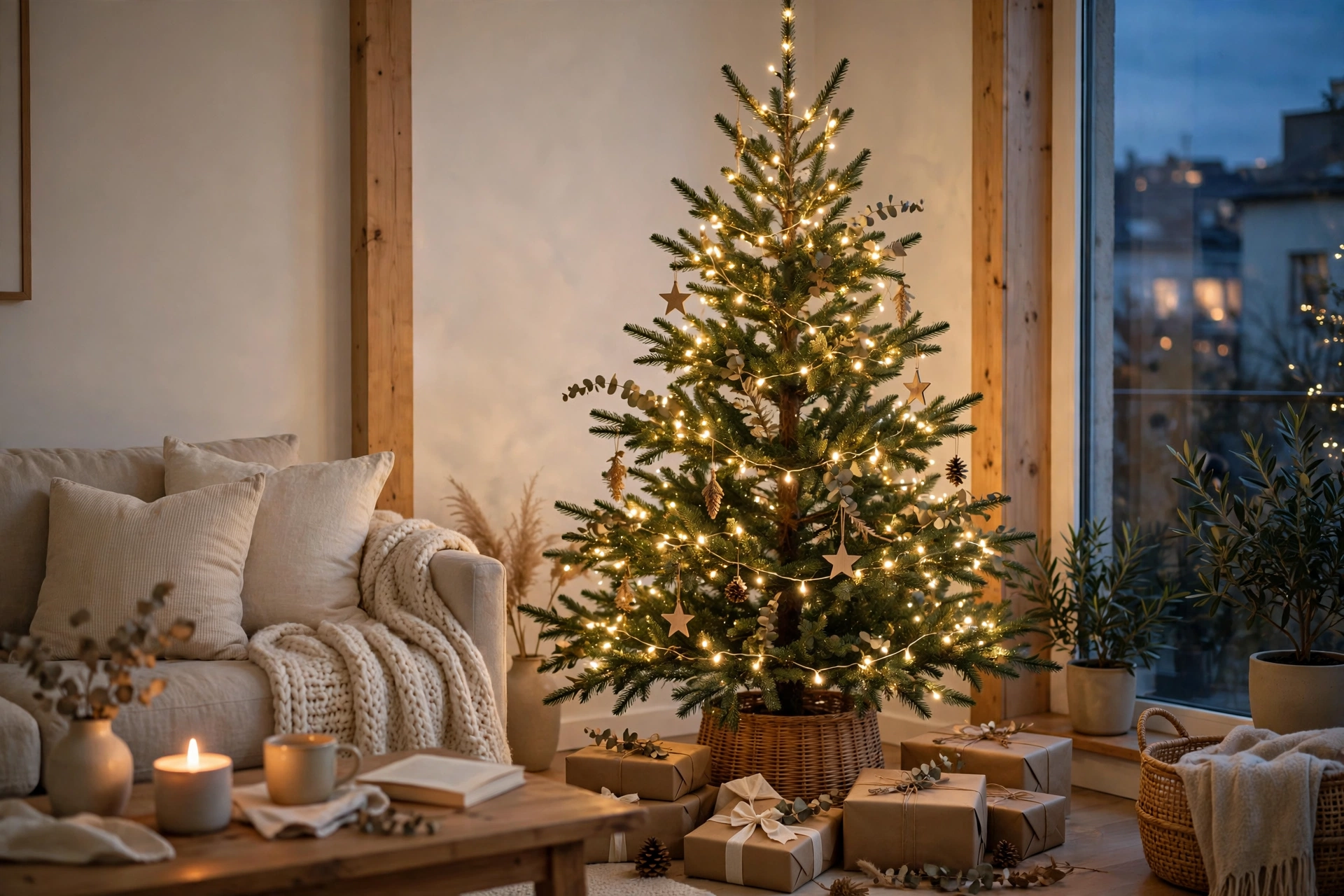 Elegant Christmas tree with simple warm white lights in a cozy living room