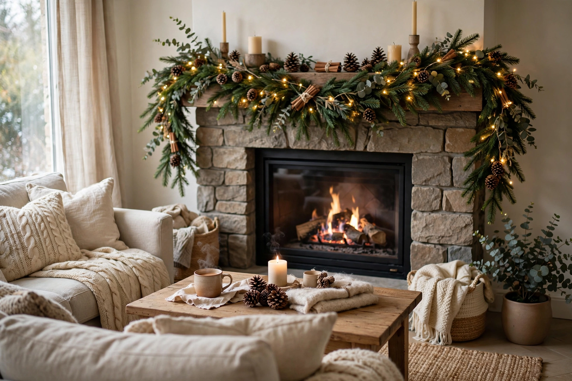 Fireplace mantel decorated with fresh evergreen garland and fairy lights