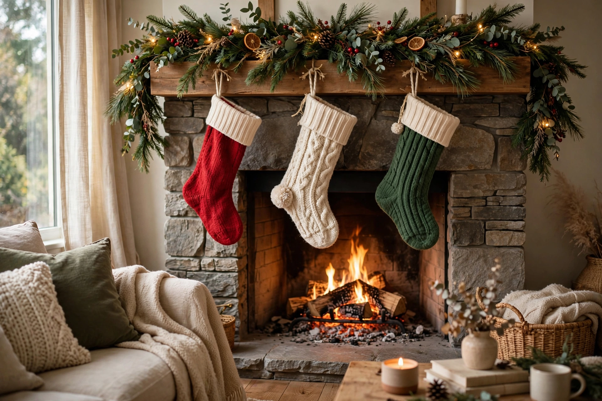 Christmas stockings hung on a fireplace mantel with evergreen garland