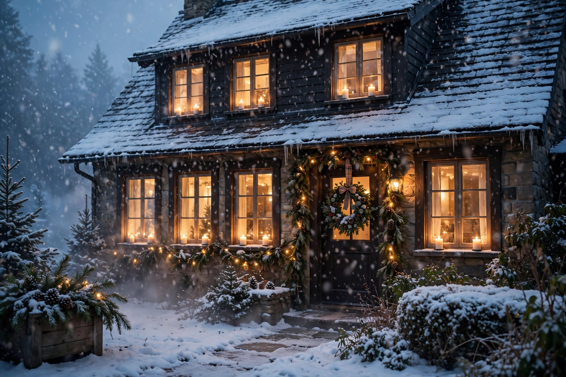 Home windows glowing with candles at dusk on a snowy Christmas evening