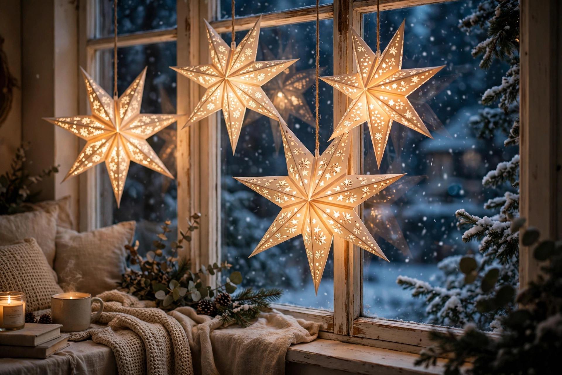 Glowing paper star lanterns hanging in a window with snow falling outside