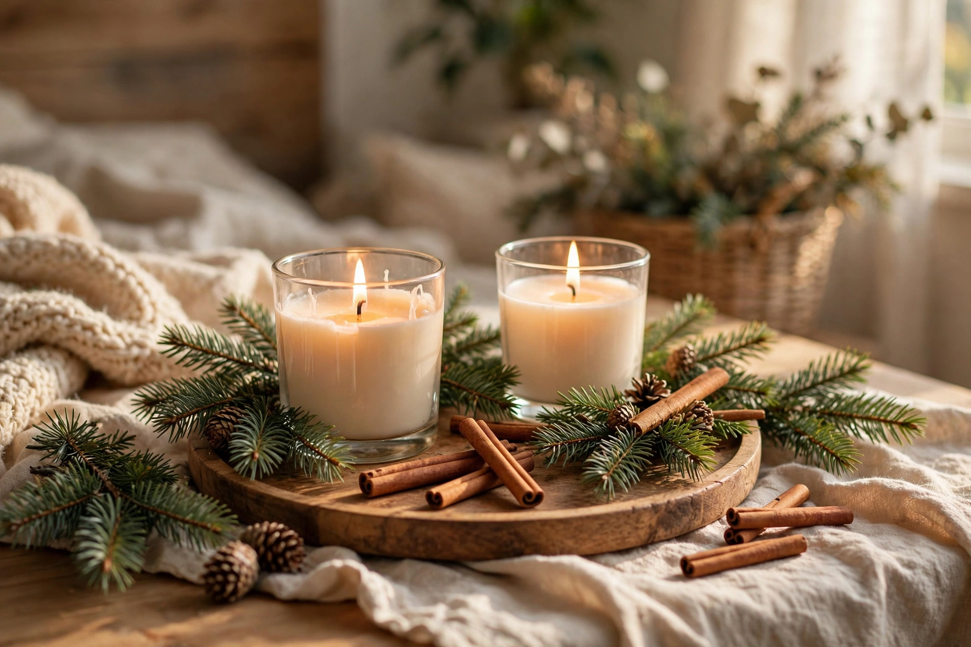 Scented candles with evergreen sprigs and cinnamon sticks on a wooden tray
