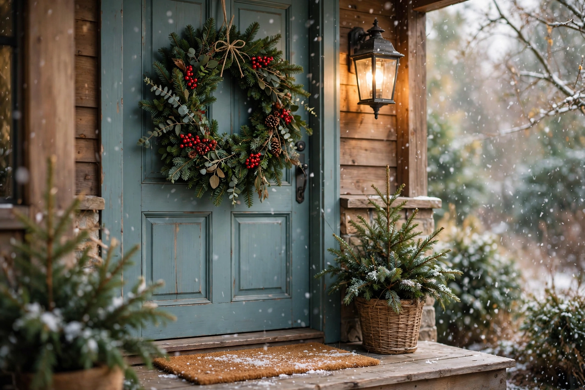 Front door with a lush evergreen wreath, red berries and a glowing porch lantern