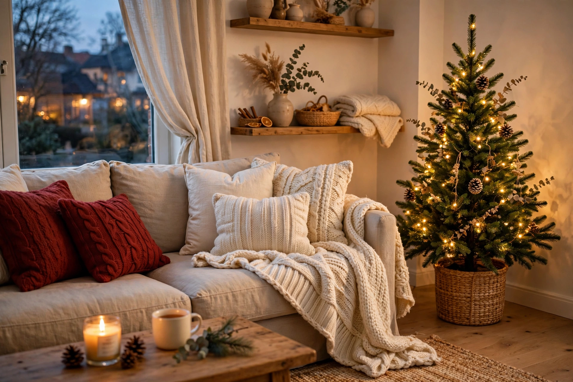 Living room sofa styled for Christmas with red pillows and a knit holiday blanket