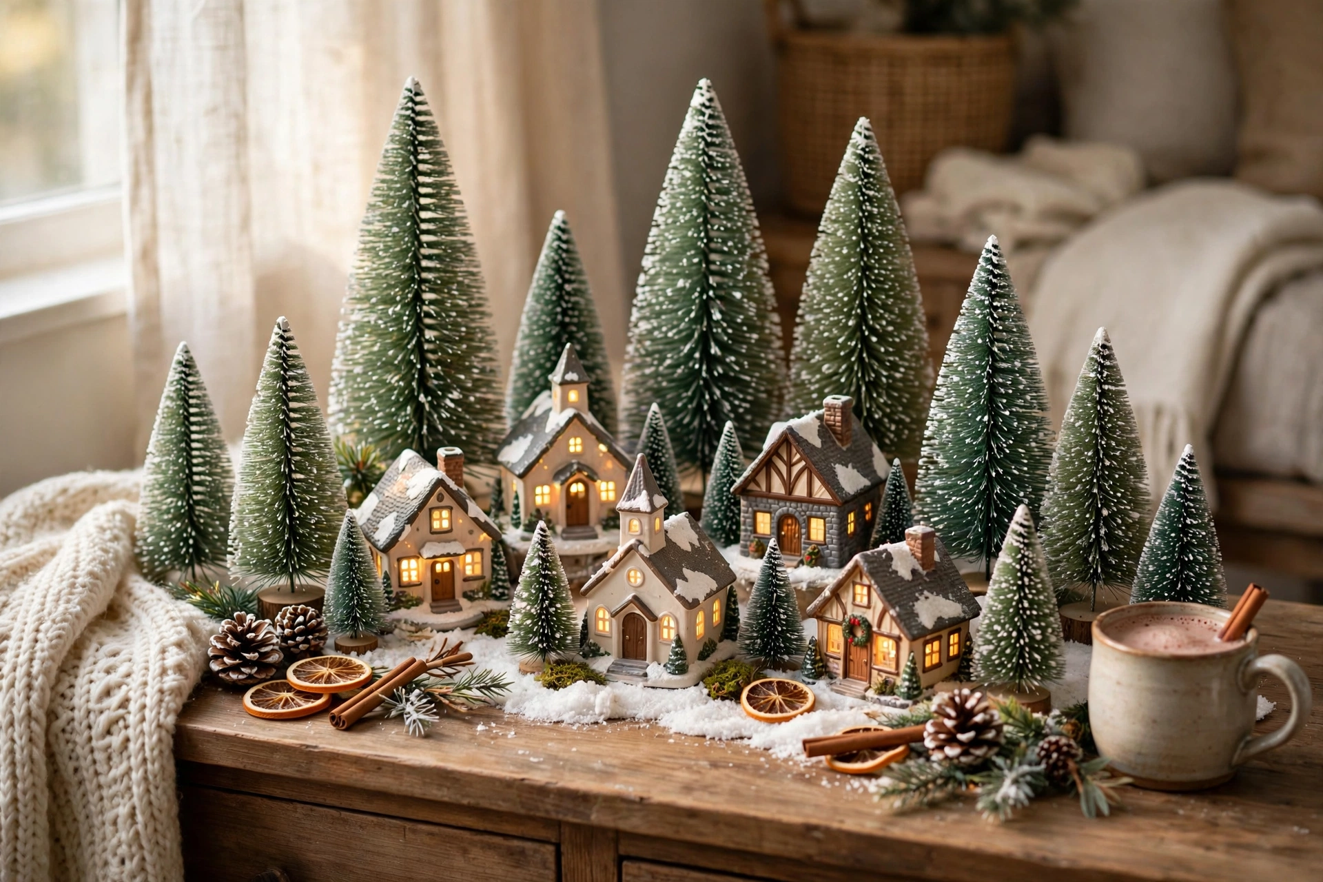 Miniature Christmas village scene with lit houses and bottle-brush trees