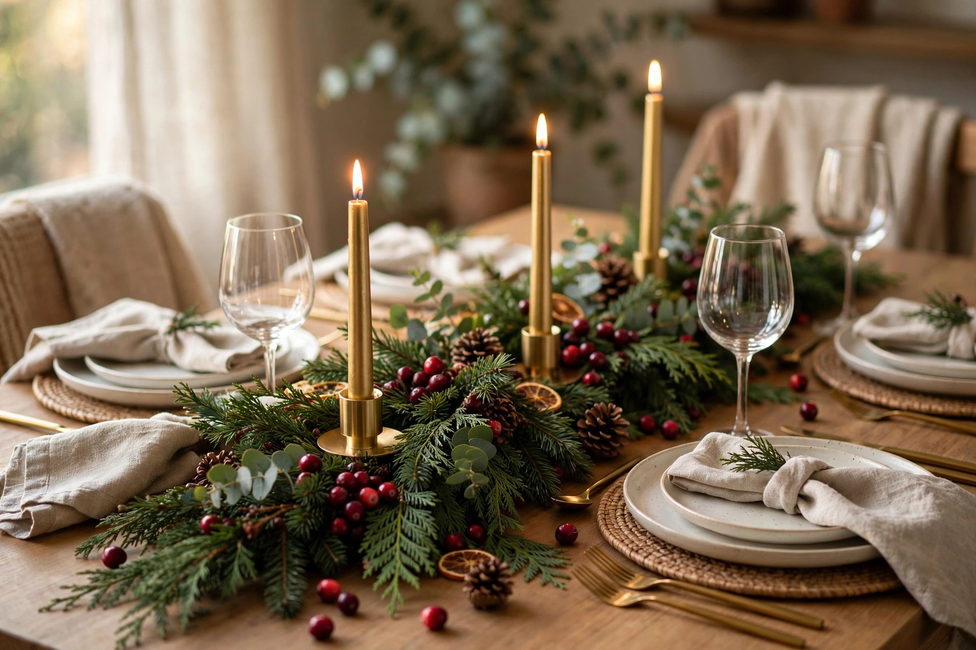 Christmas table centerpiece with evergreen runner, gold candles and cranberries
