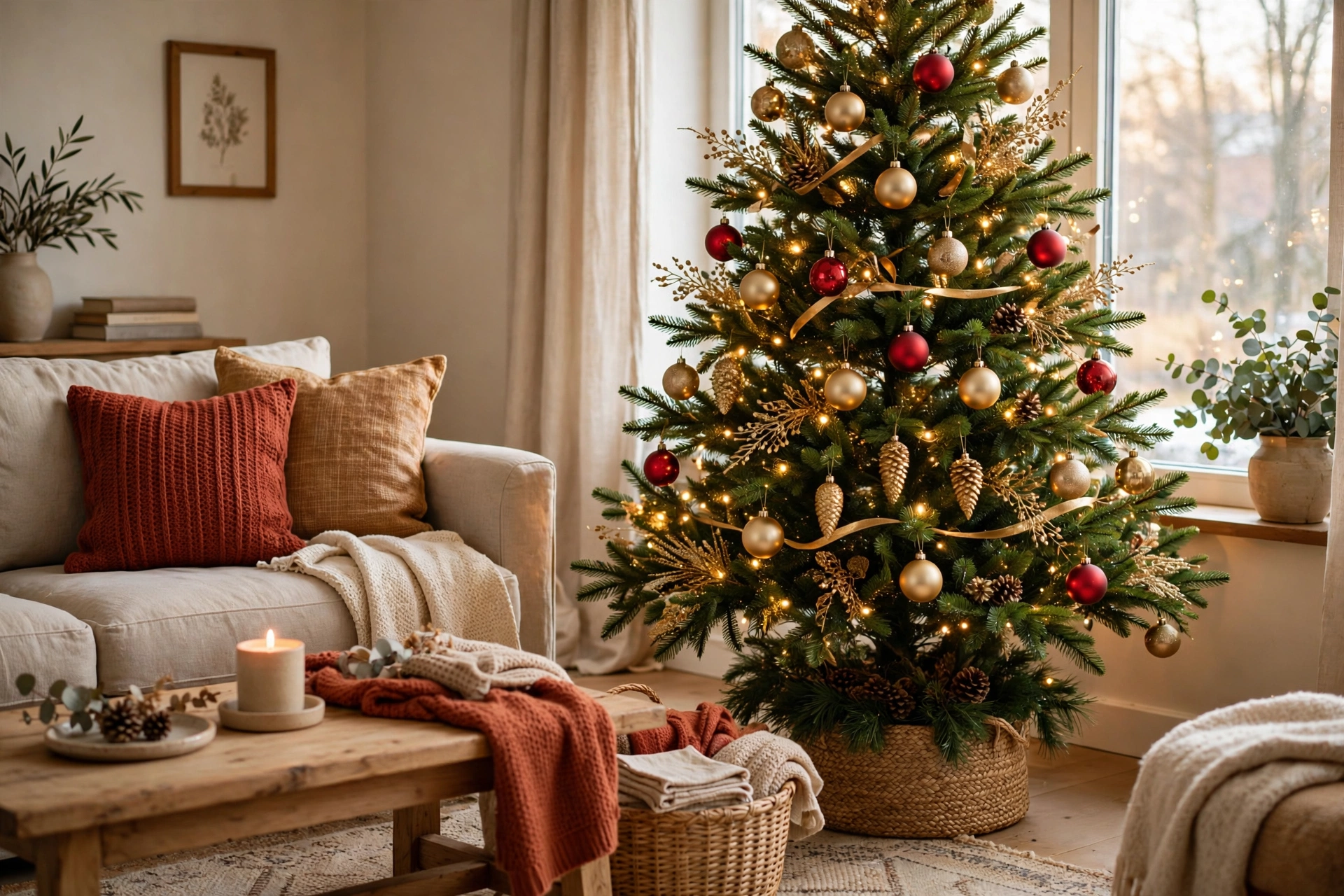Christmas tree decorated in a simple red and gold two-color ornament scheme