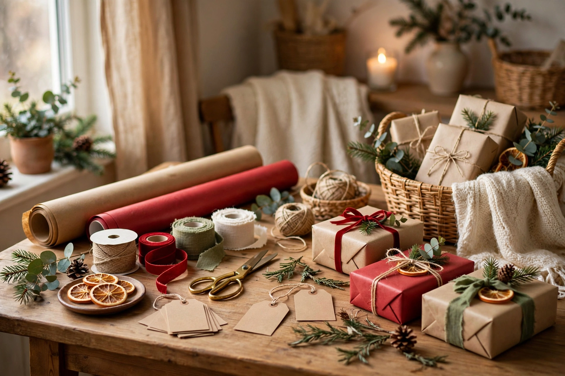 Christmas gift-wrapping station with kraft paper, ribbons and gift tags