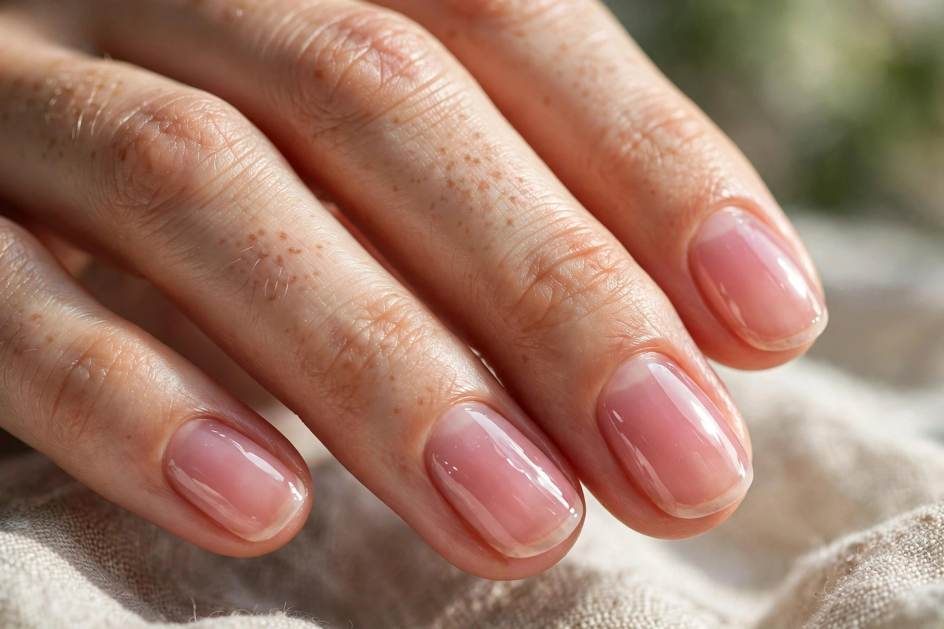 Short oval nails with a sheer pink jelly wash, natural nail showing through