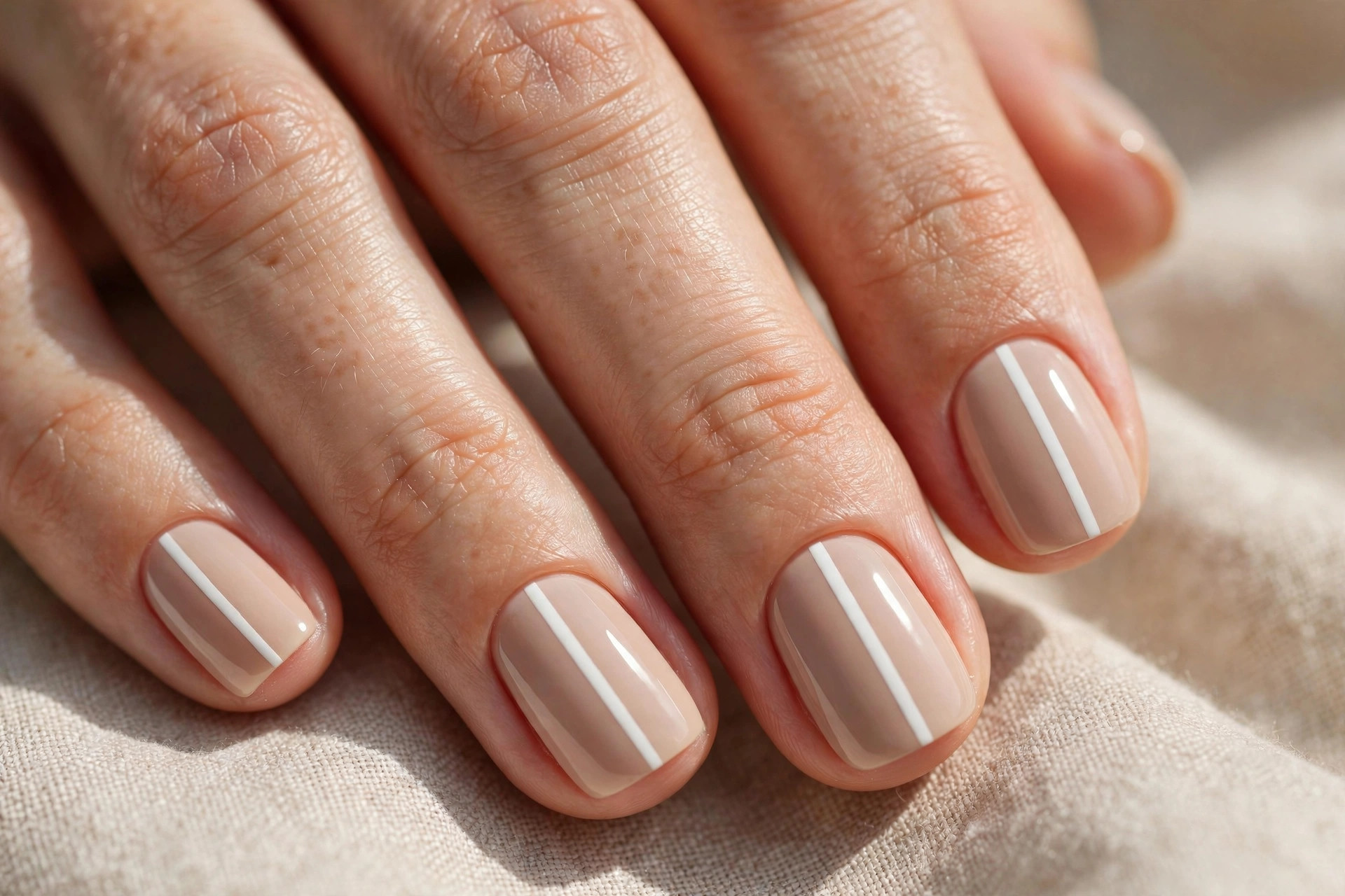 Short squoval nails with nude base and one crisp white vertical stripe each