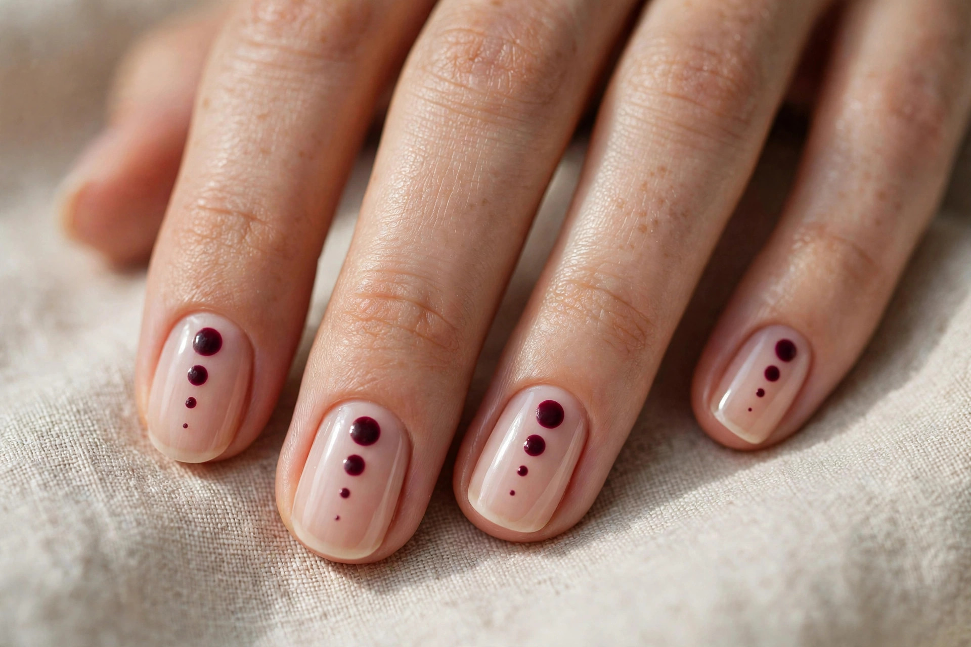 Short rounded nails with sheer nude base and three descending berry dots each