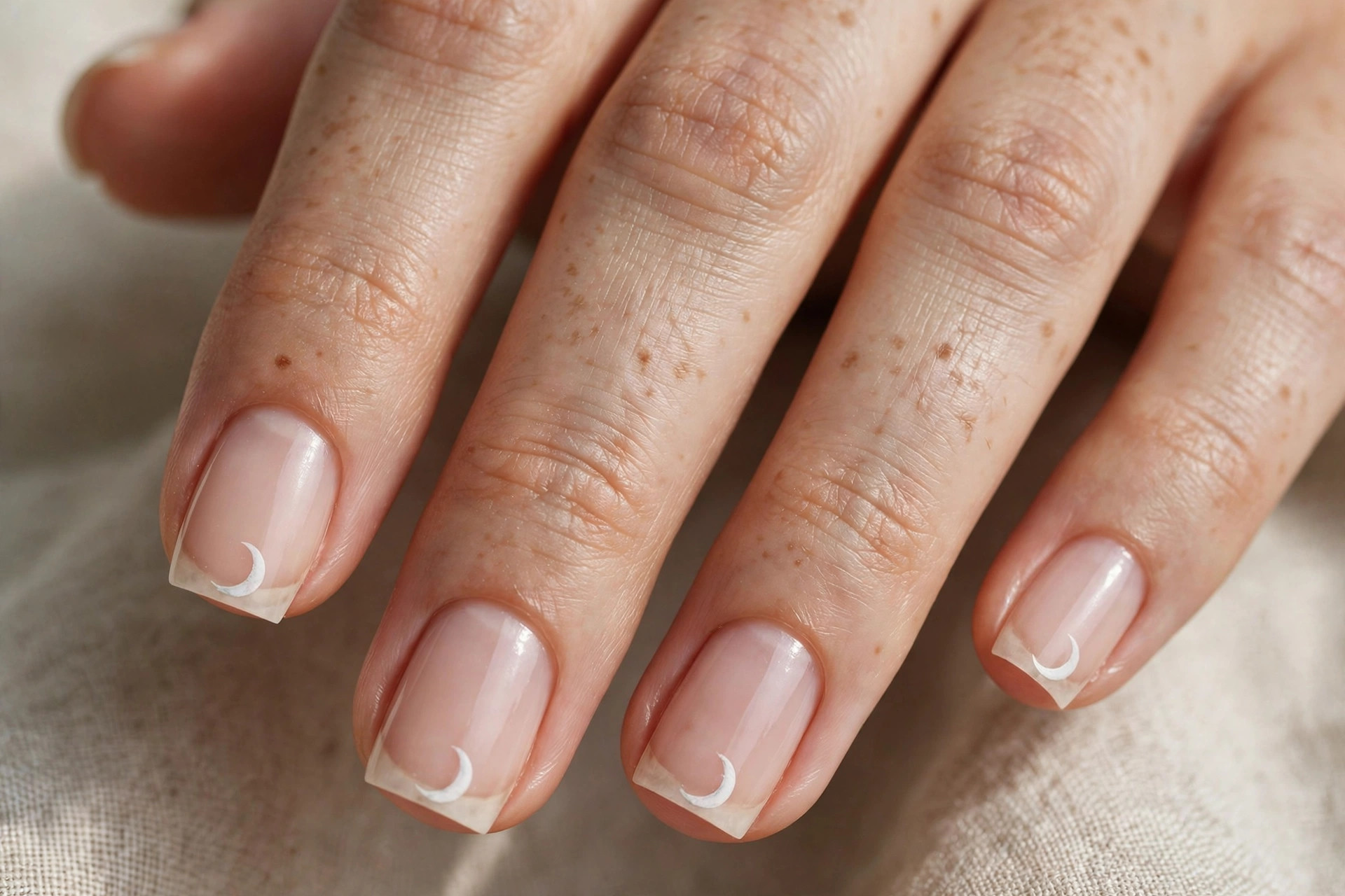 Short square nails with bare base and soft white crescent moons at the tips