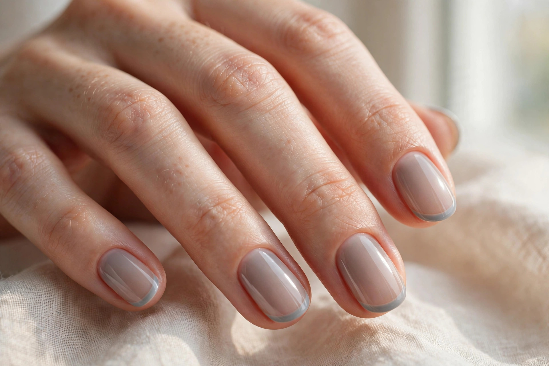 Short oval nails with sheer grey-nude base and soft grey French tips