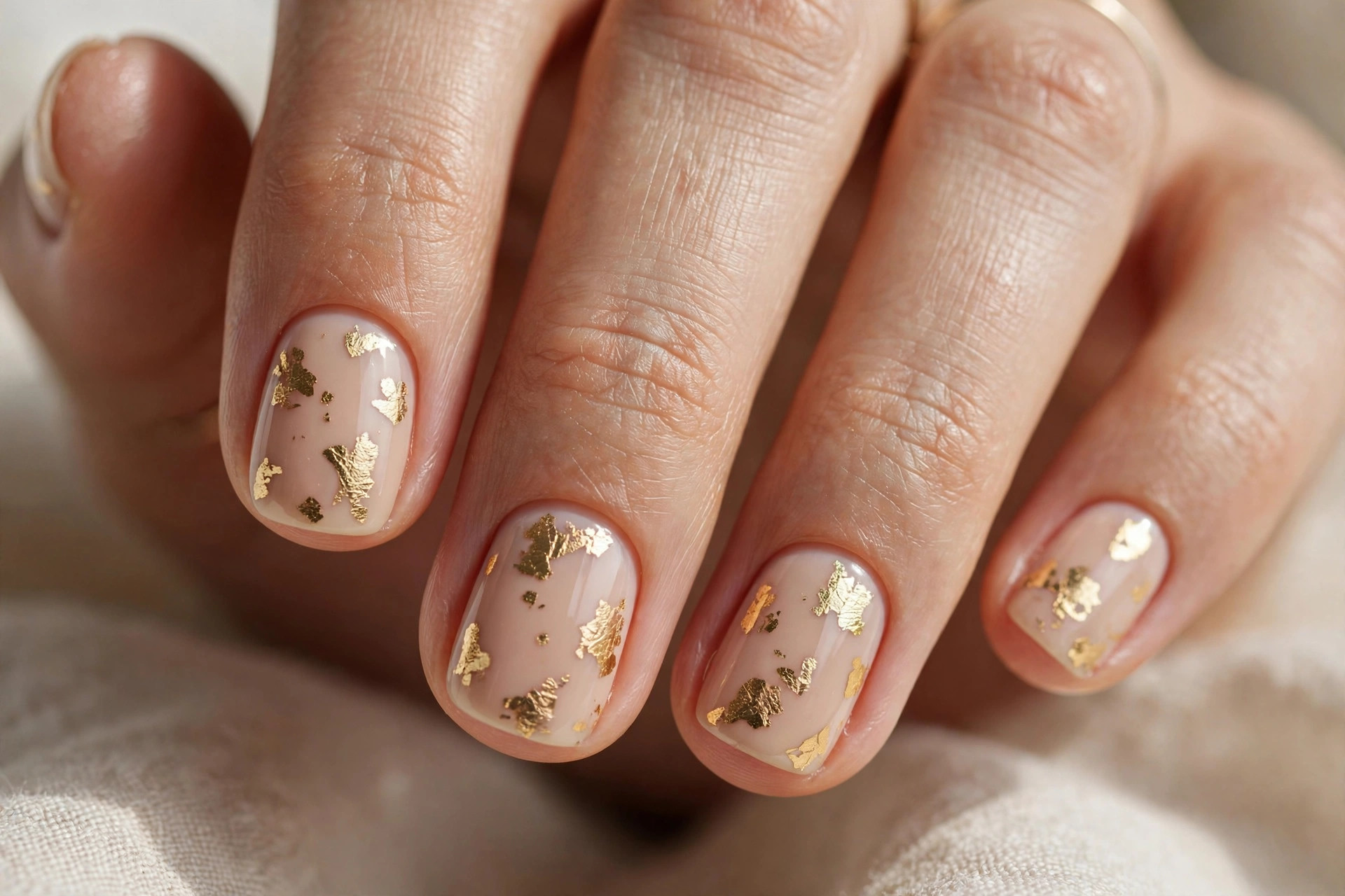 Short squoval nails with nude base and scattered torn gold foil flecks