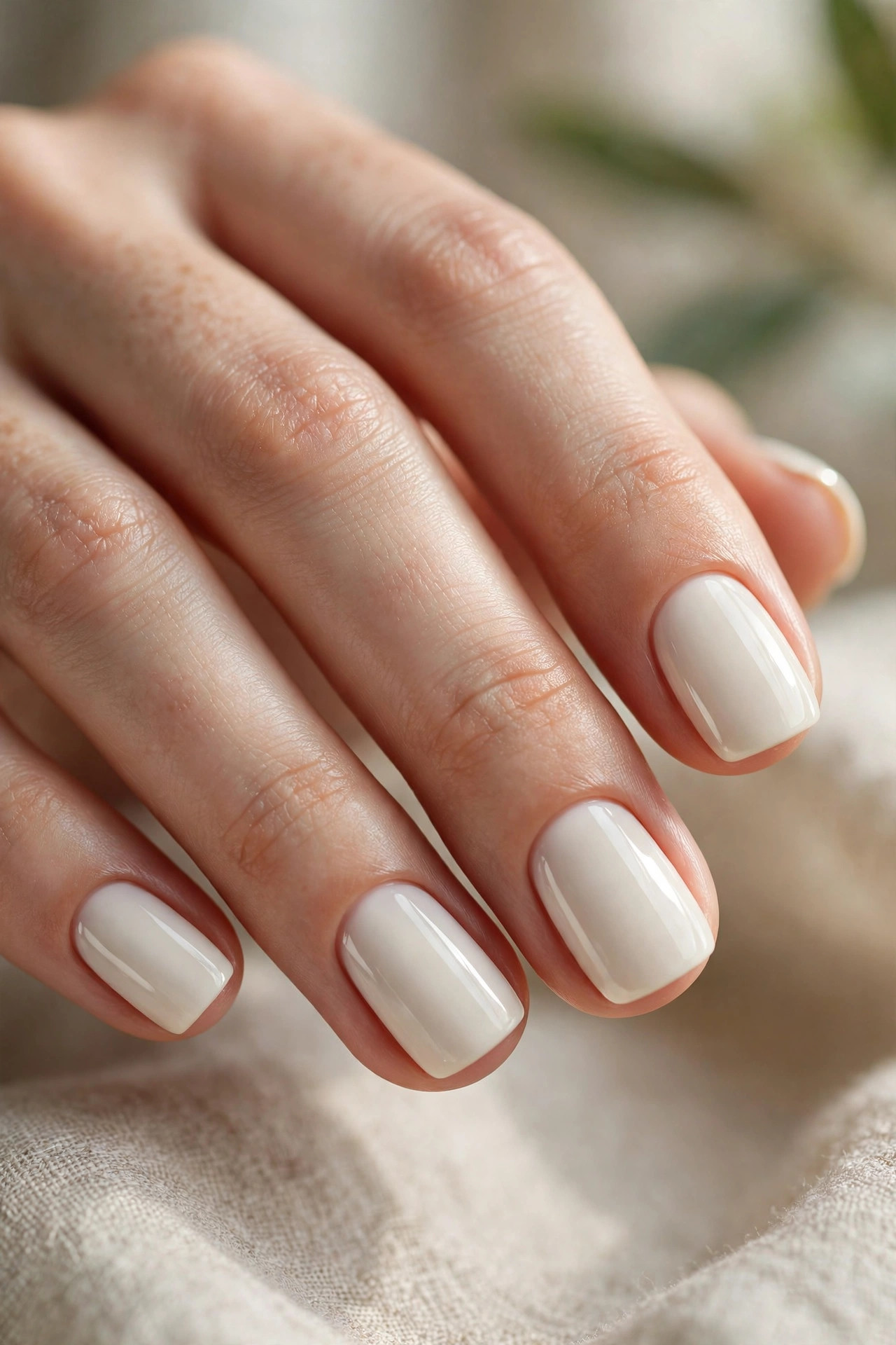 Short squoval nails in creamy opaque ivory white polish