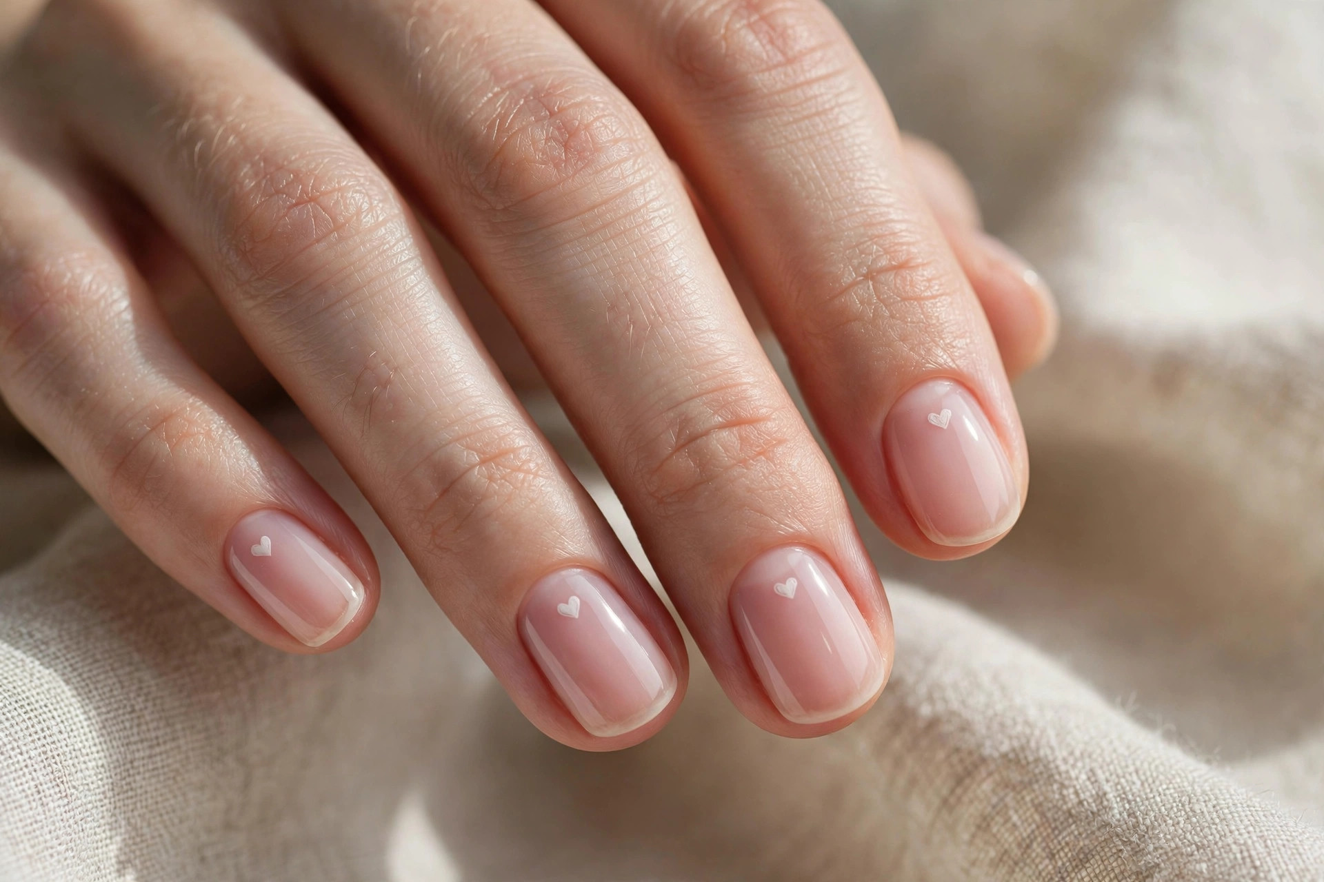 Short rounded nails with sheer pink base and one tiny white heart each