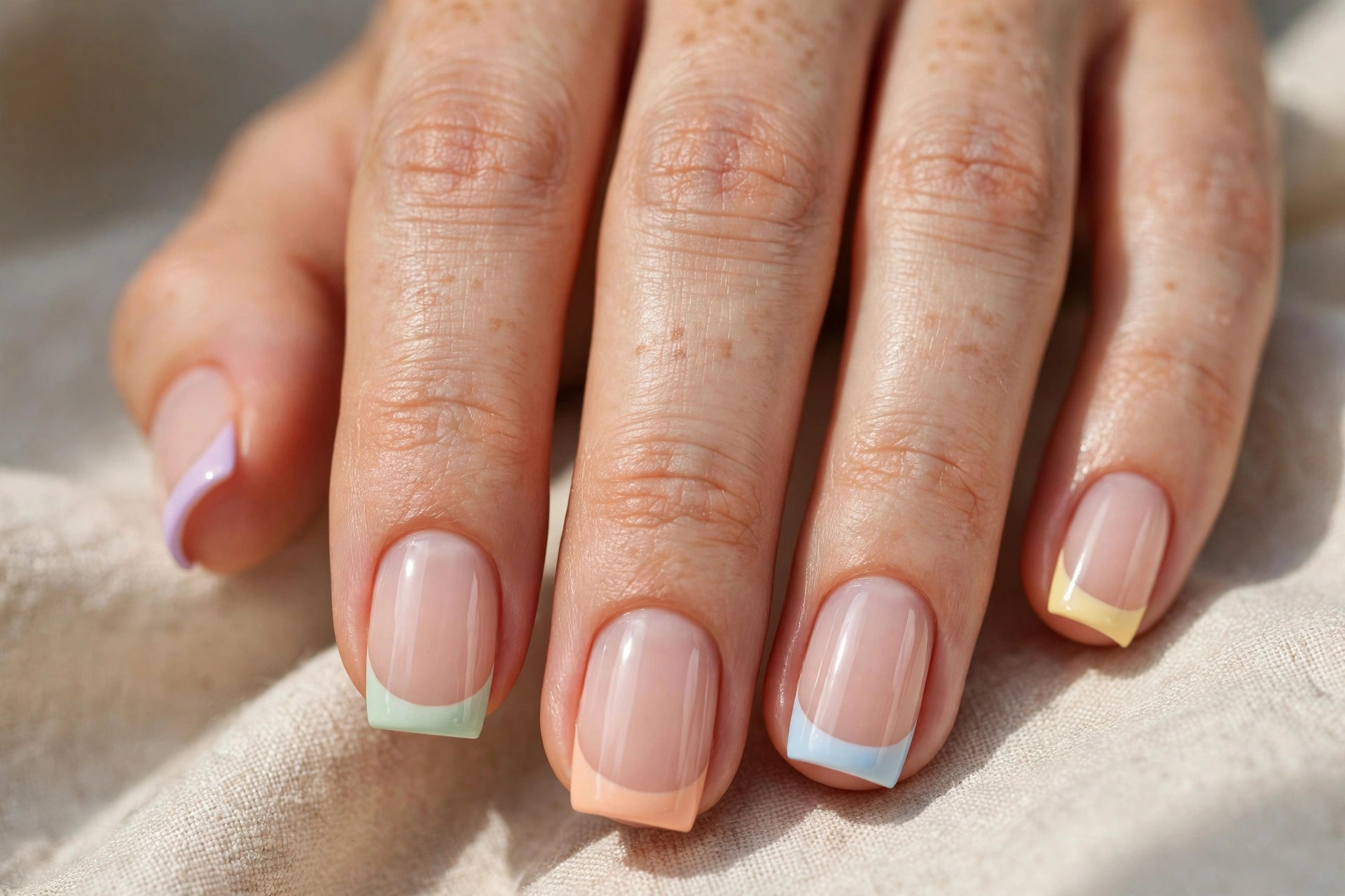 Short square nails with sheer nude base and a different pastel French tip each