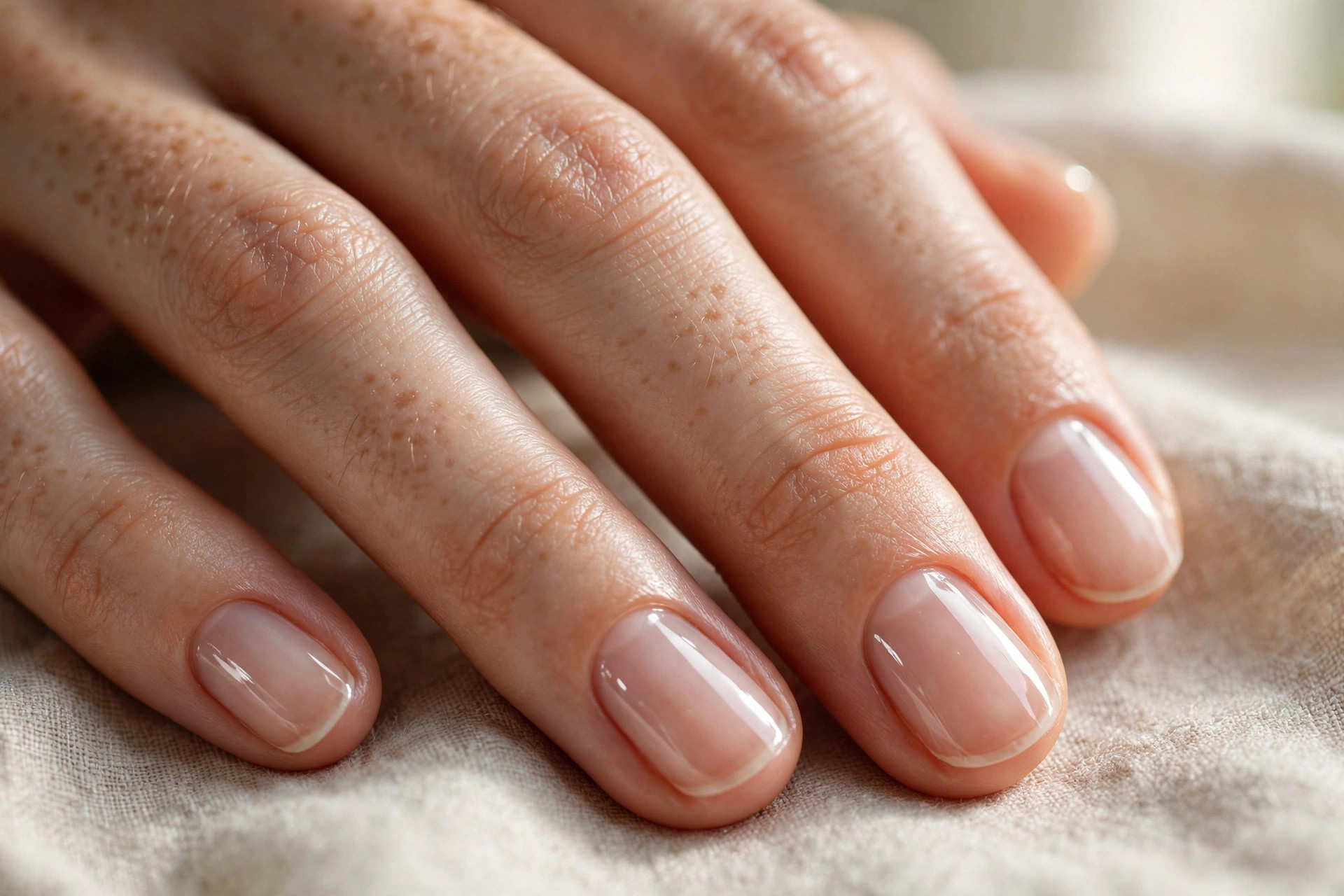 Natural short nails with no color, just a glassy clear topcoat