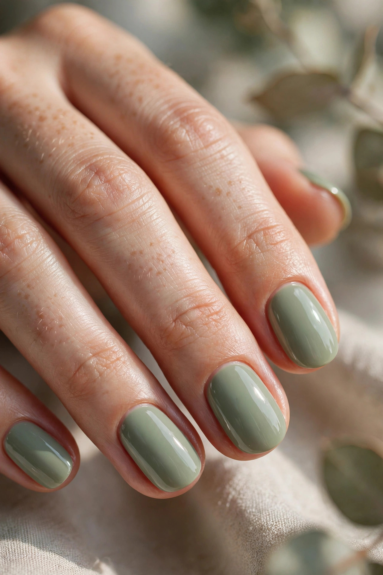 Short oval nails in soft muted sage green creme polish