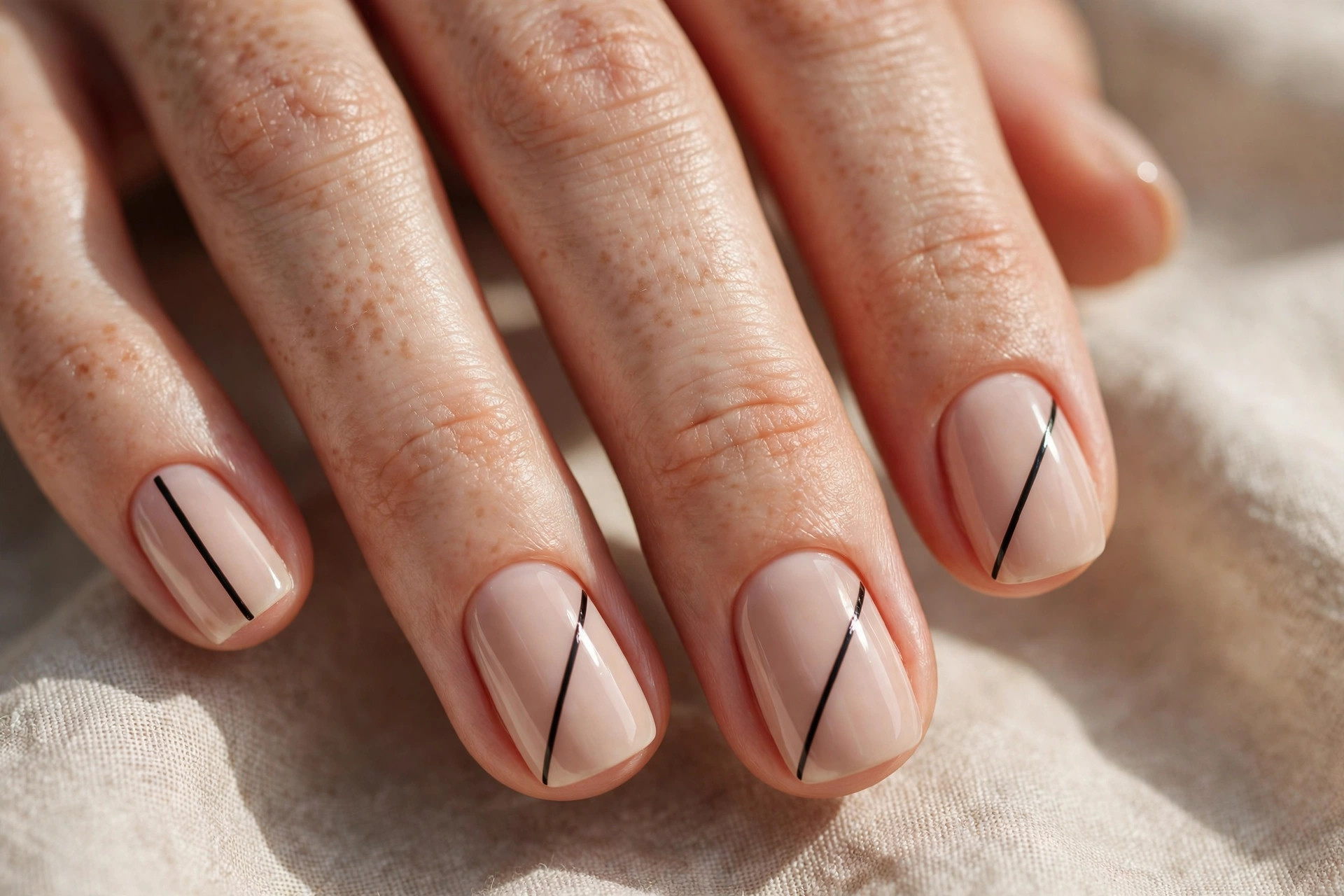 Short squoval nails with nude base and a single thin black diagonal stripe each