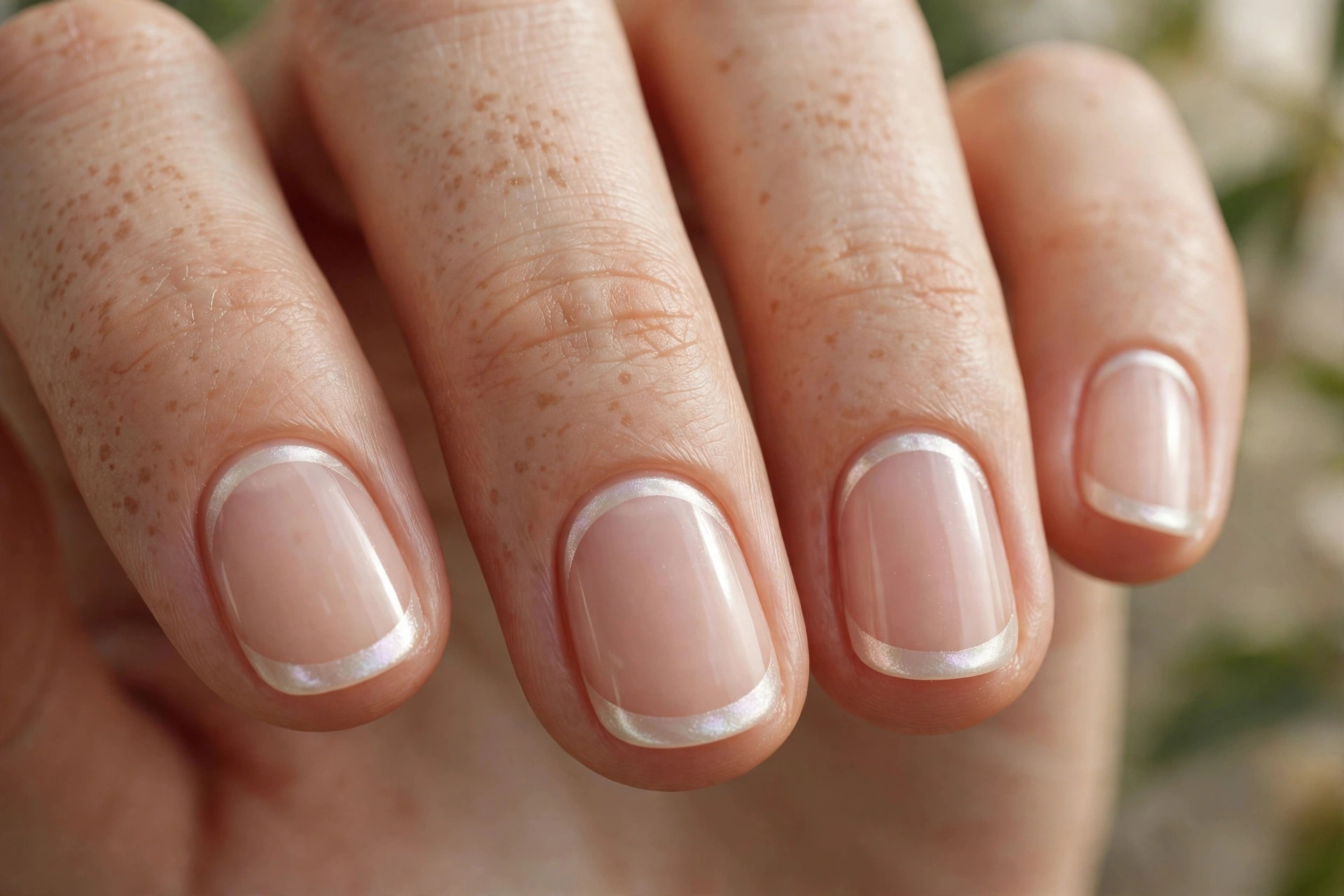 Short rounded nails with sheer nude base and pearlescent white cuticle arcs