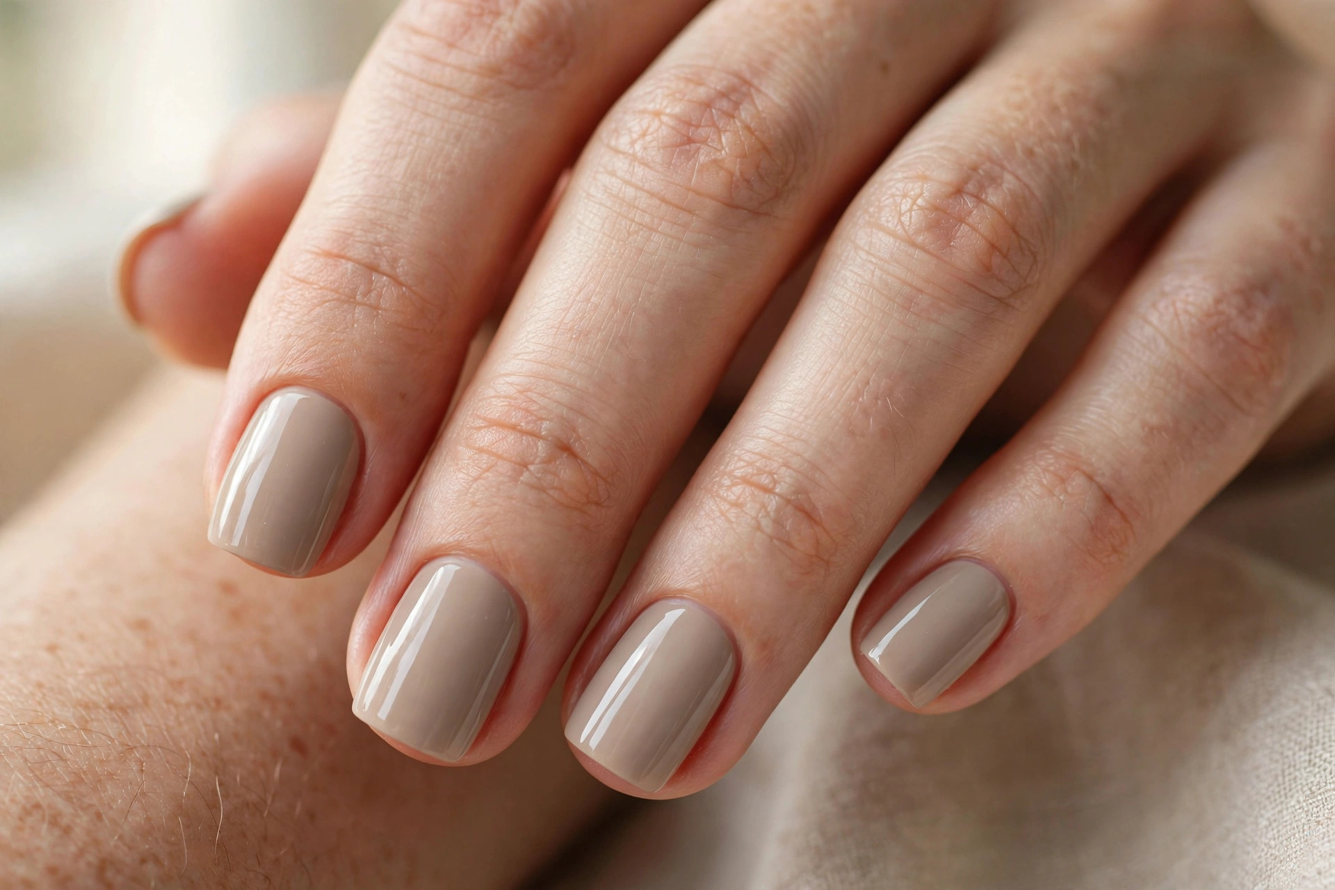 Short square nails in warm greige grey-beige creme polish