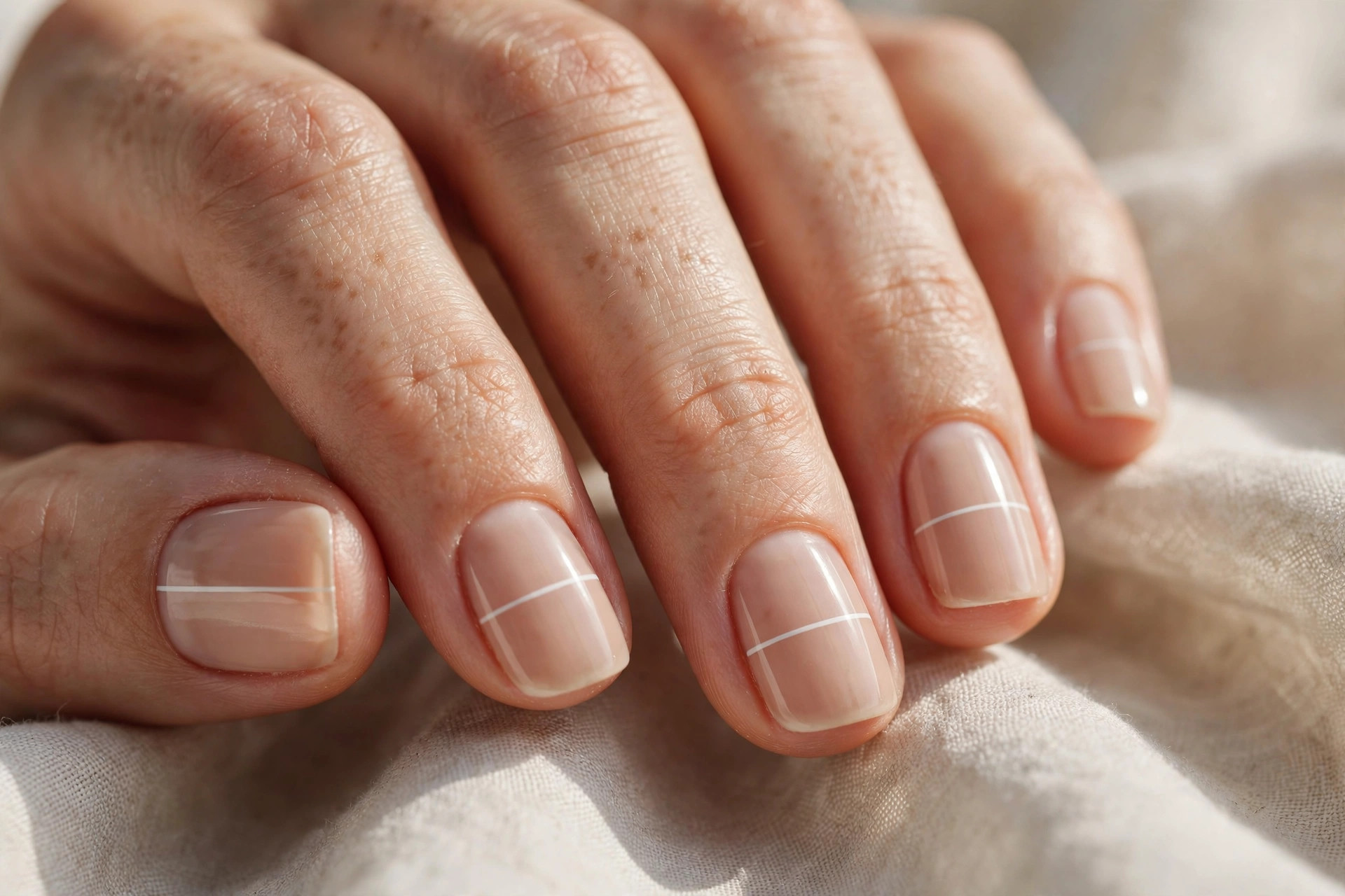 Short squoval nails with nude base and one thin white horizontal line each